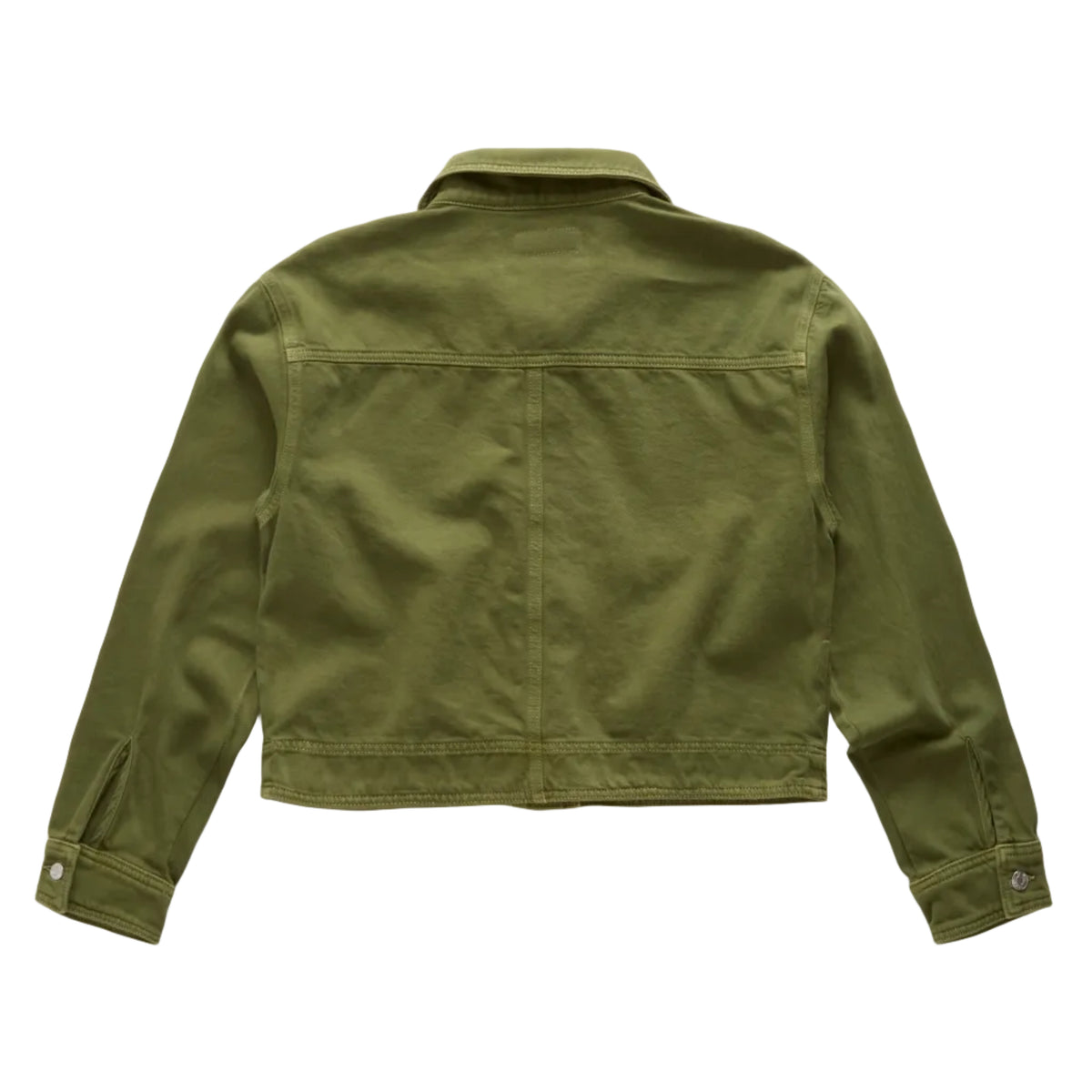 An olive green cropped jacket shown from the back, featuring a buttoned collar, long sleeves with button cuffs, and a central seam, laid flat against a light gray background.