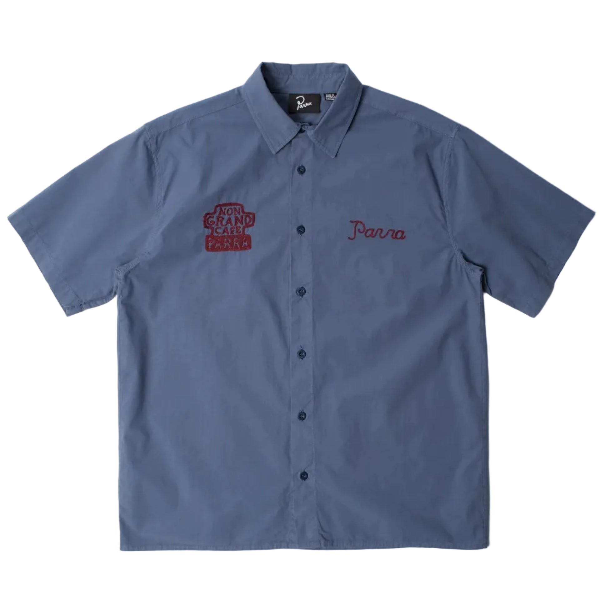 Blue workshirt with embroidered logos on a white background