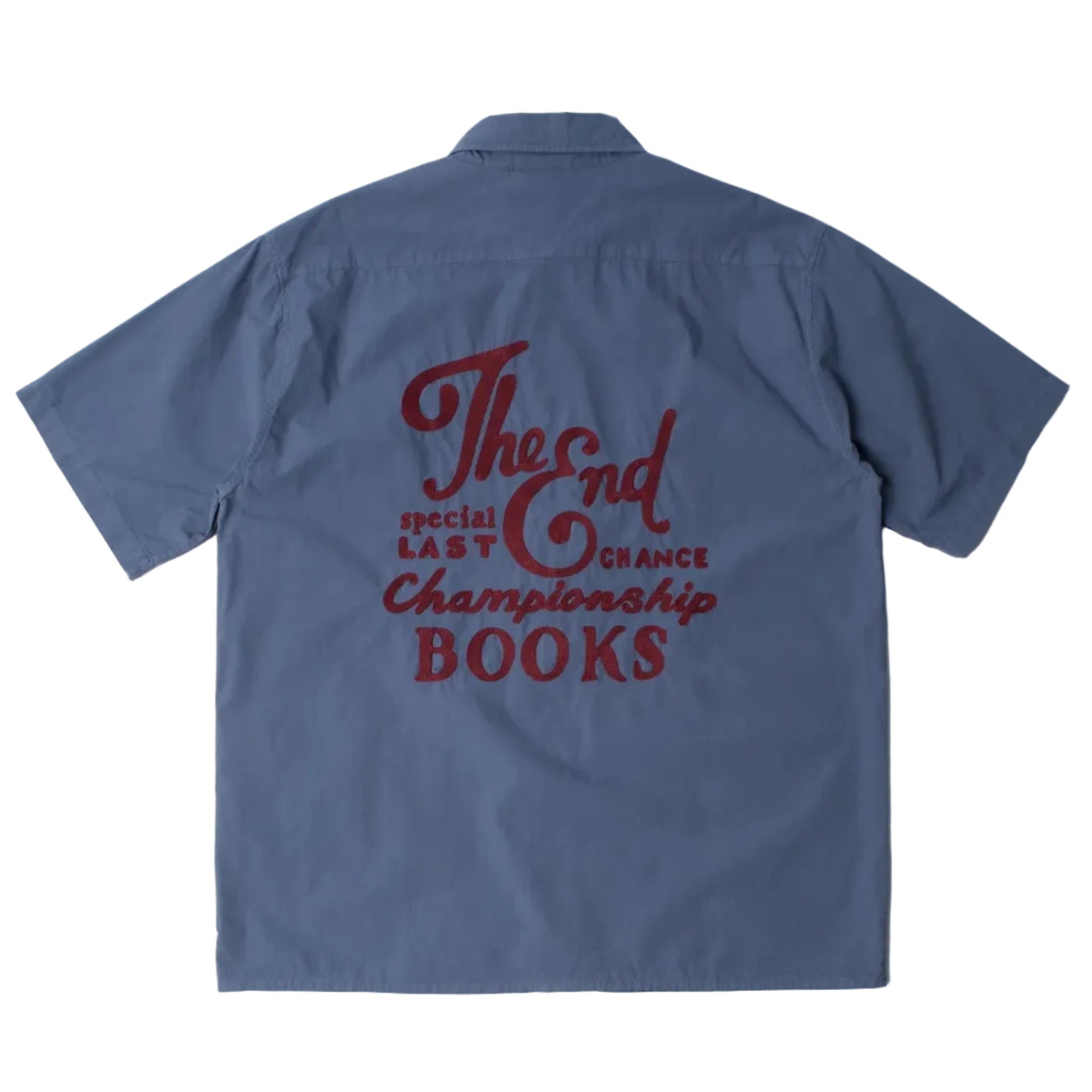 Back of a blue workshirt with embroidered logos on a white background