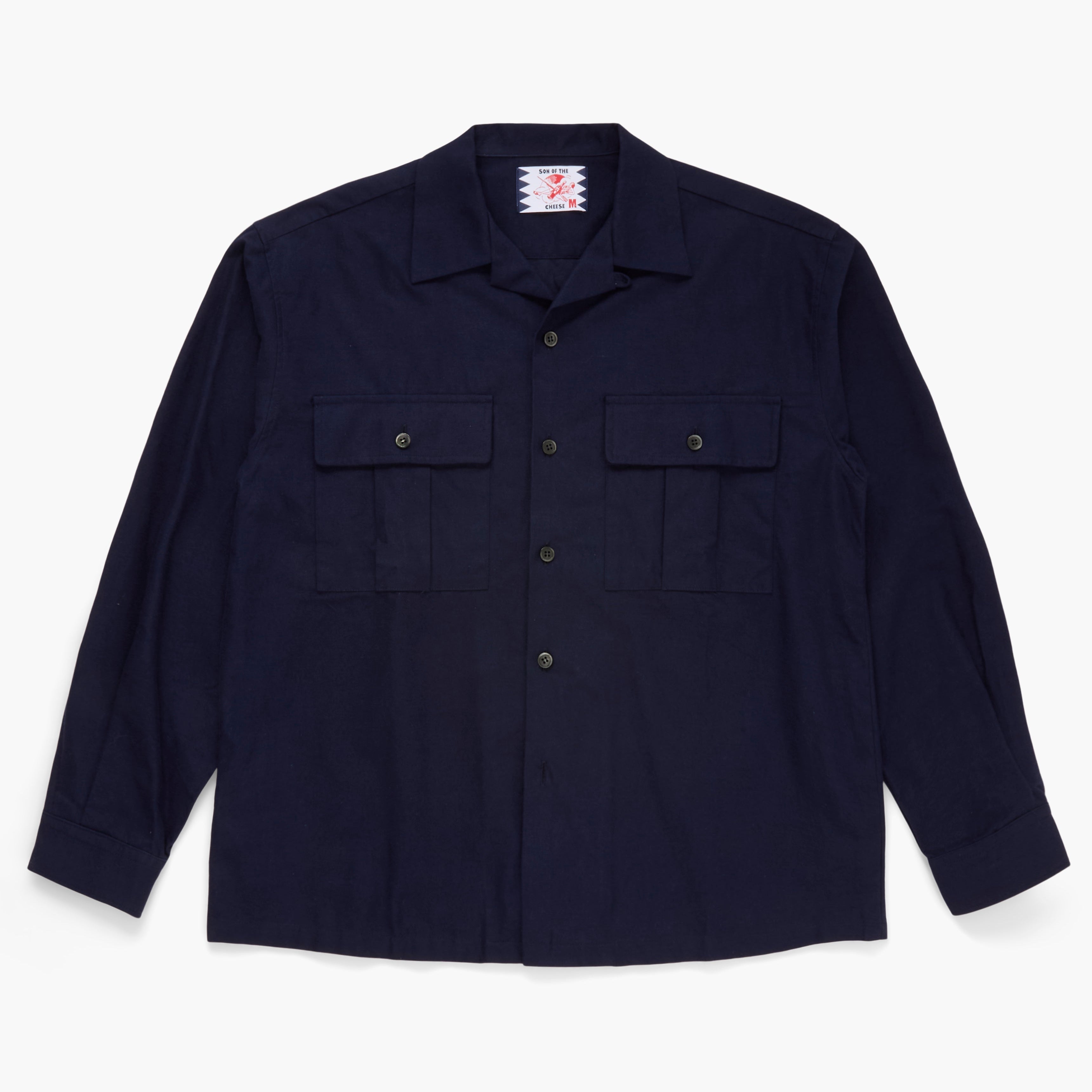 Navy button down shirt on a white background