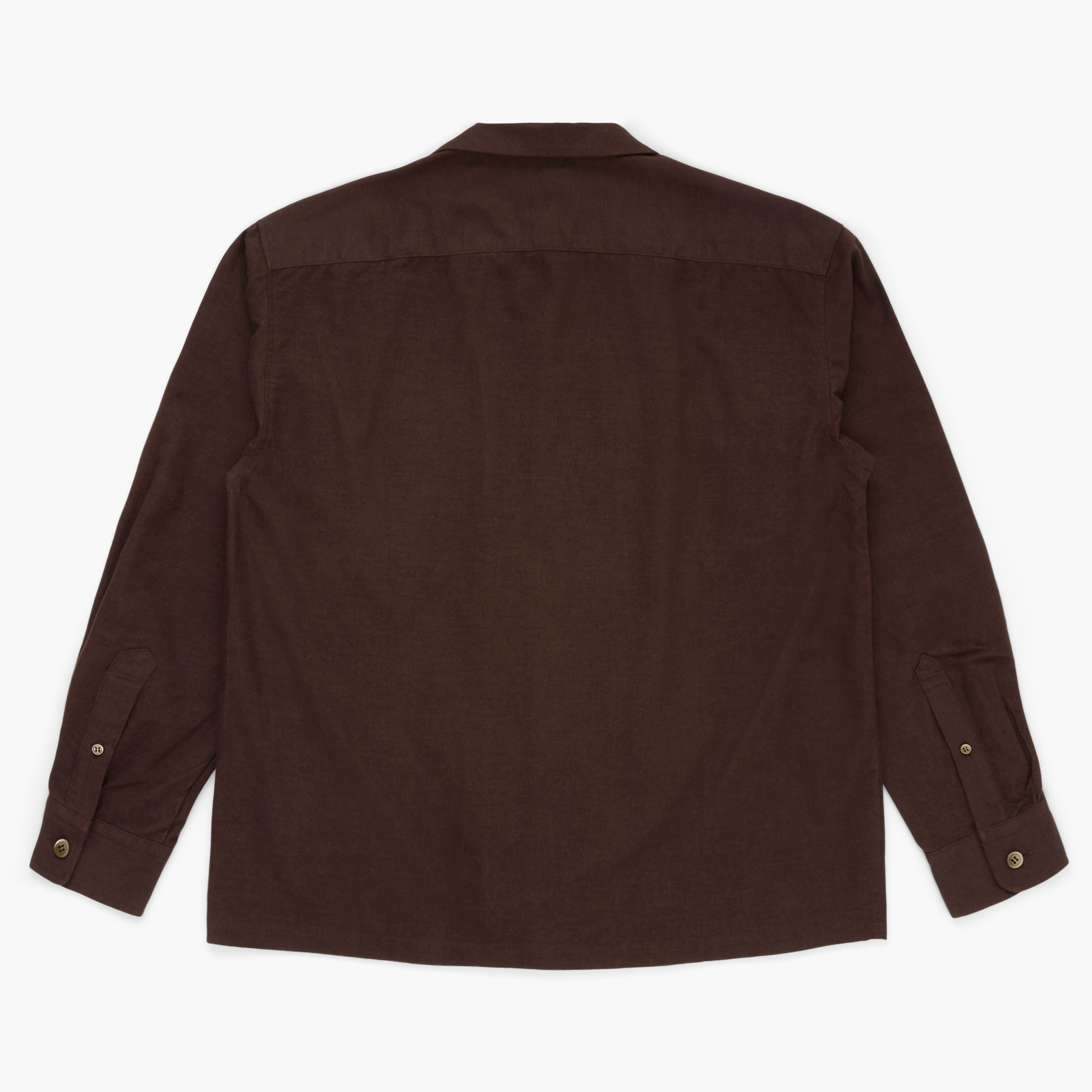Back view of a brown button down shirt on a white background