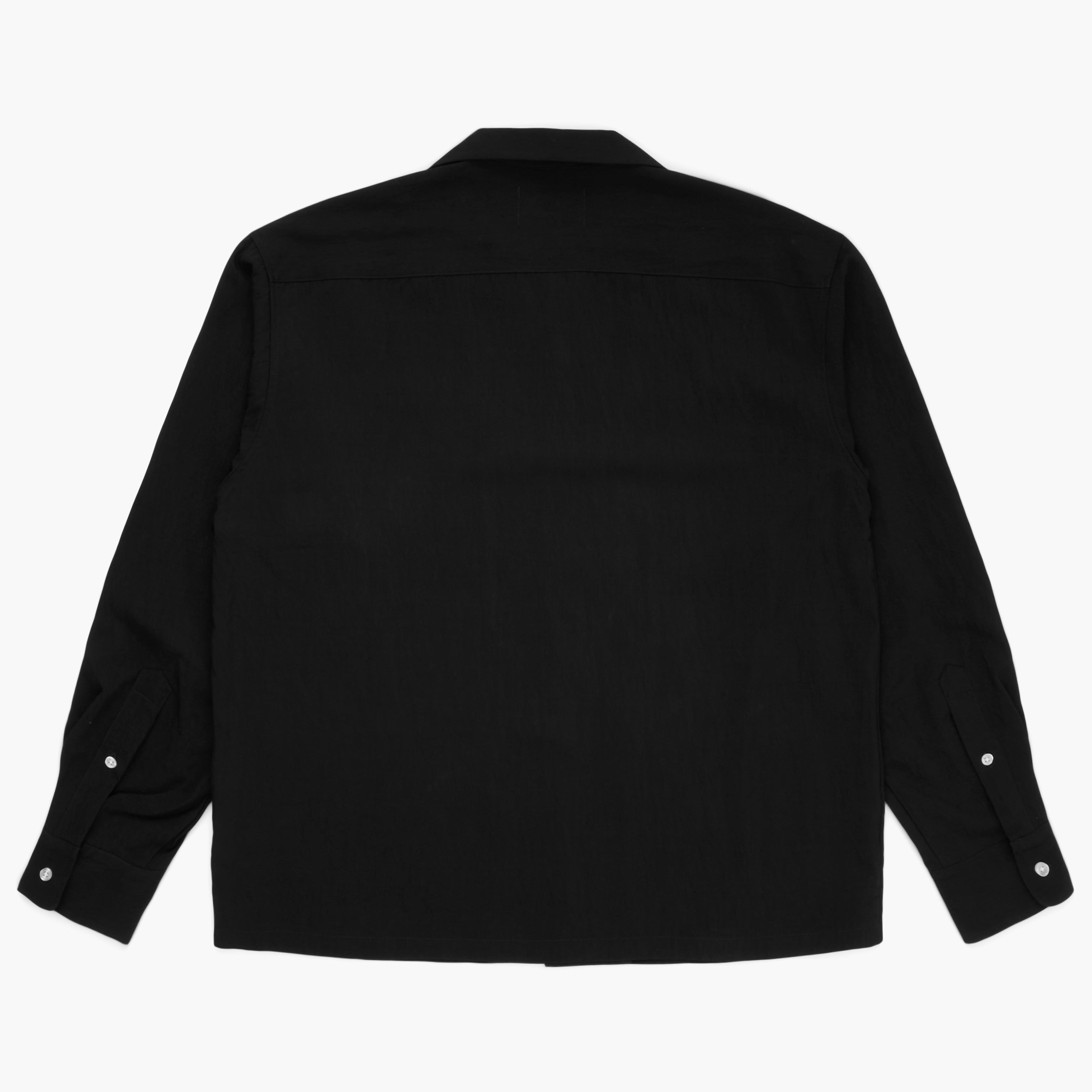 Back view of a black button down shirt on a white background