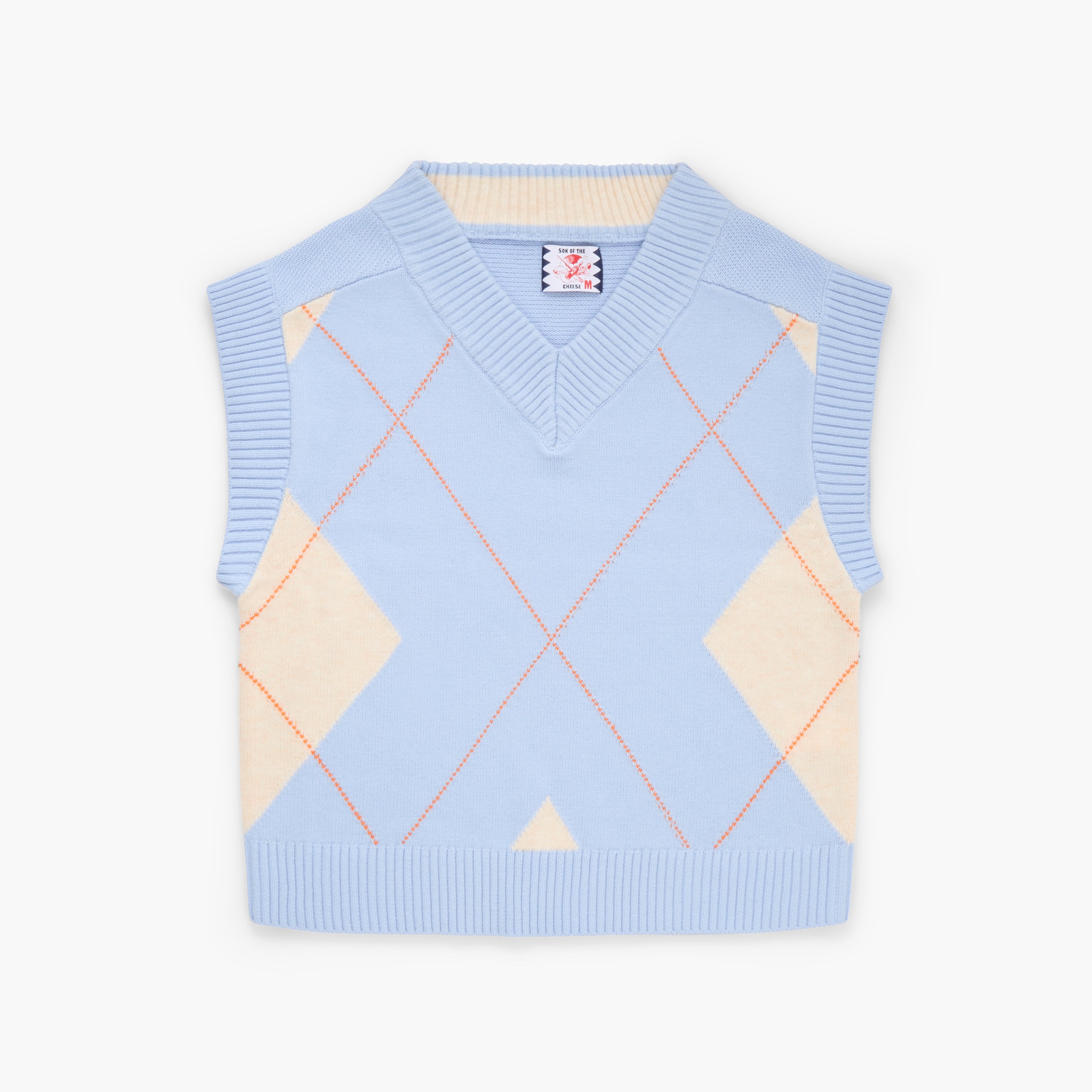 Light blue argyle sweater vest on a white background