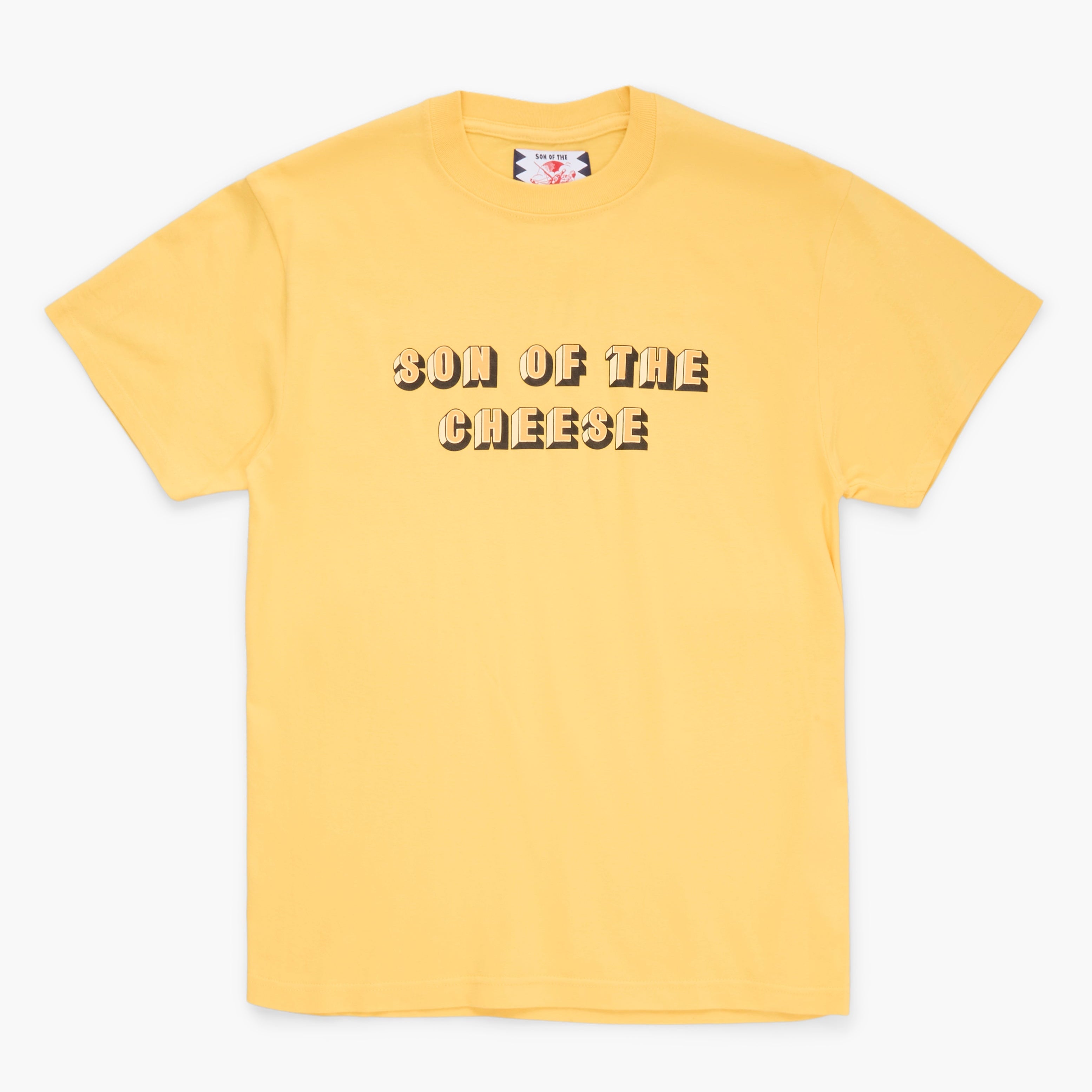 Yellow 'Son of the Cheese' graphic t-shirt on a white background