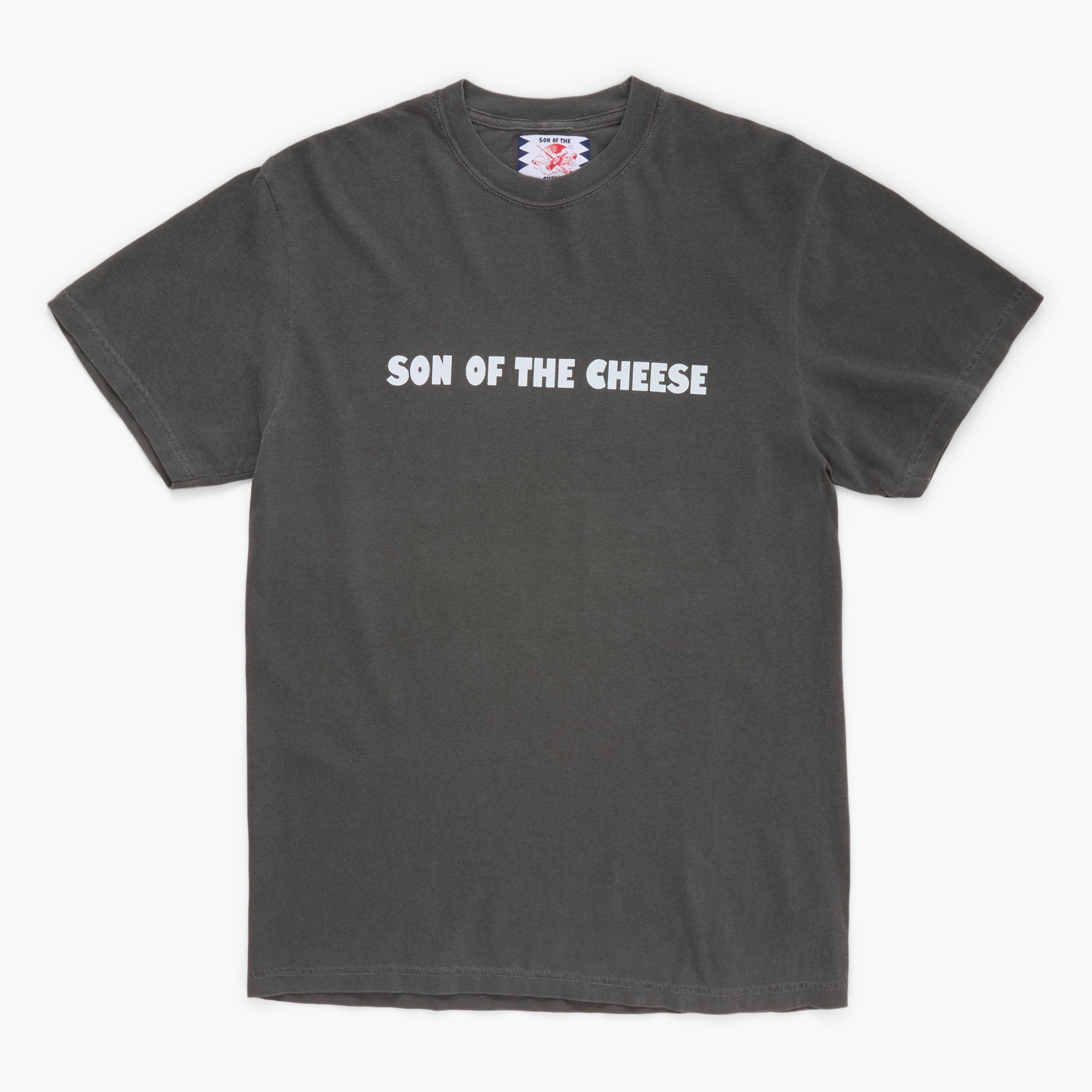 Black t-shirt with 'Son of the Cheese' printed on the front on a white background