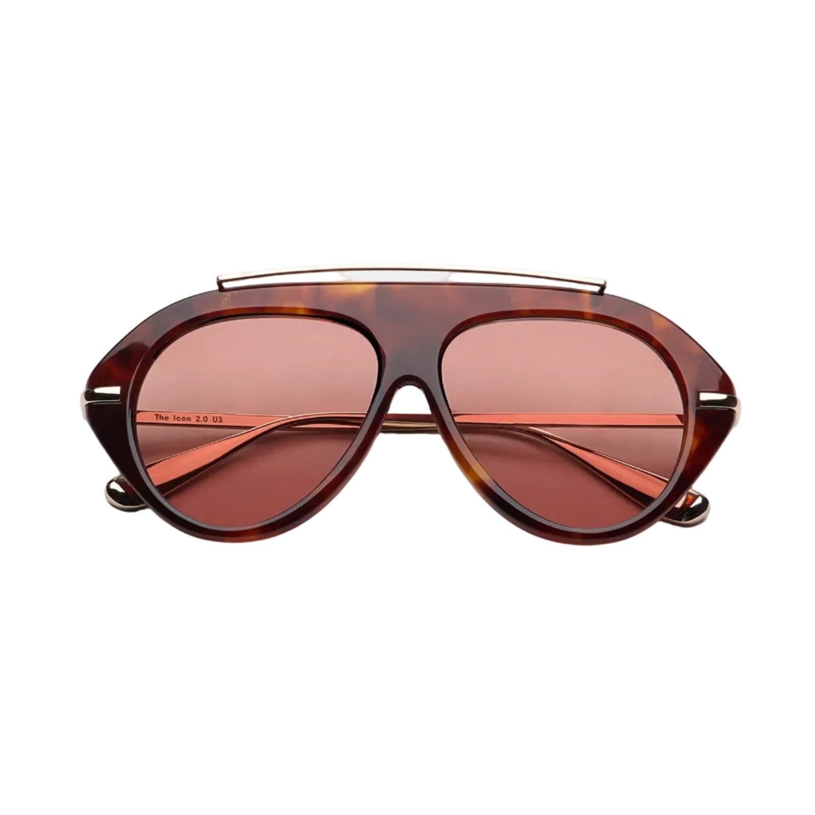 Tortoise sunglasses with red lenses and gold detailing on a white background