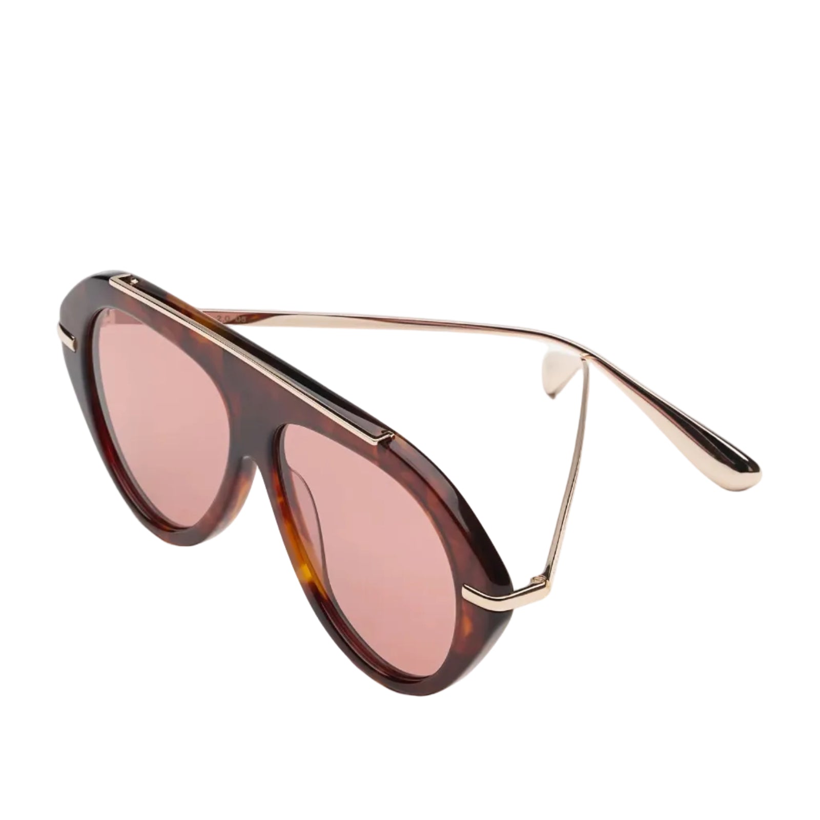Tortoise sunglasses with red lenses and gold detailing on a white background