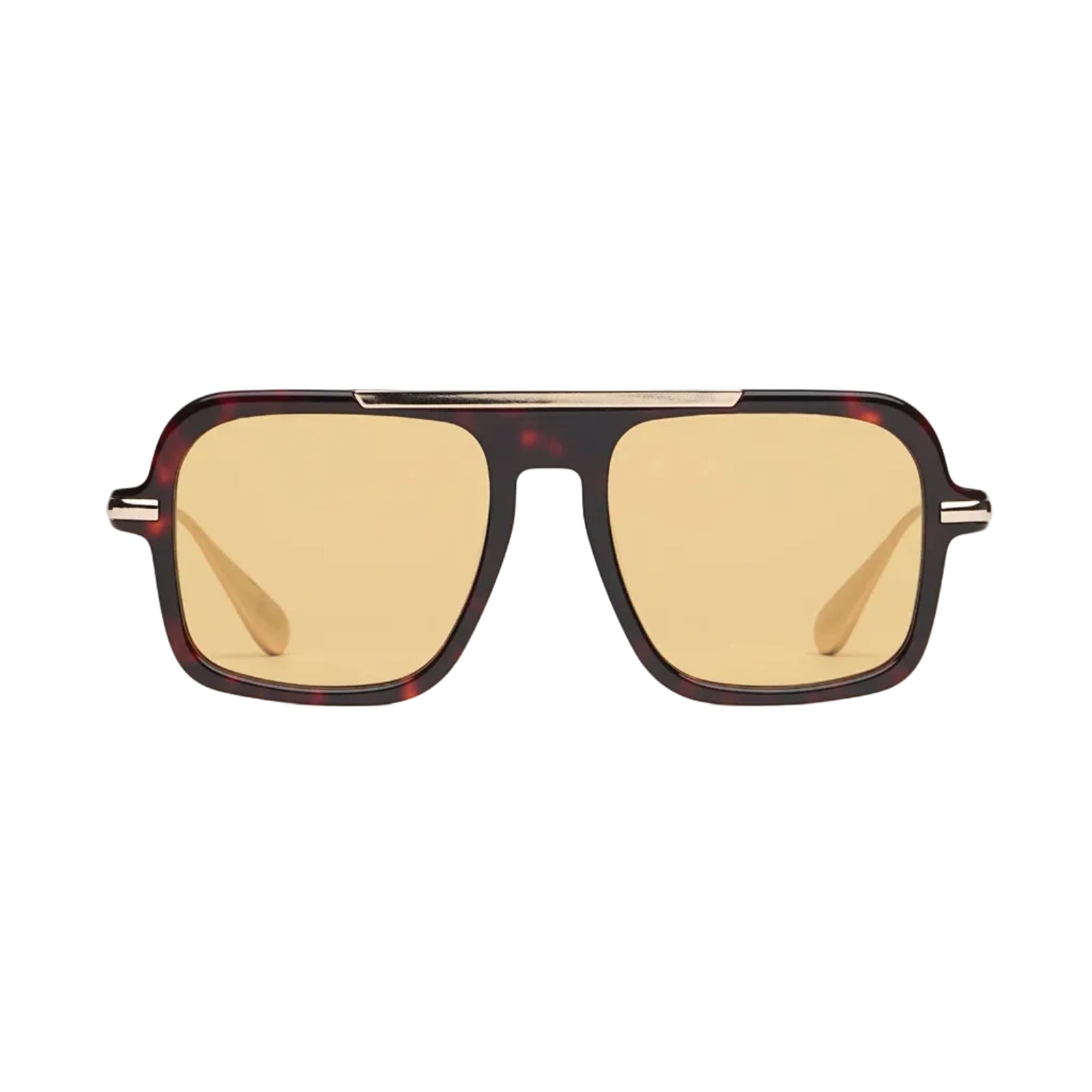 Square aviator-style sunglasses with a dark tortoiseshell frame and warm yellow lenses, shown against a white background.