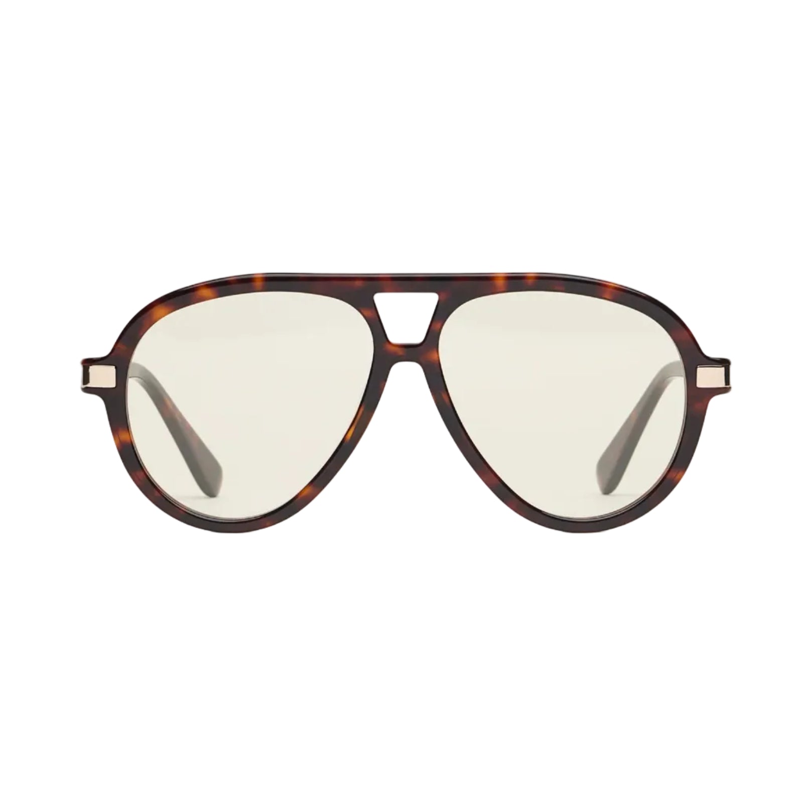 Tortoise framed sunglasses with yellow lenses and gold accents on a white background