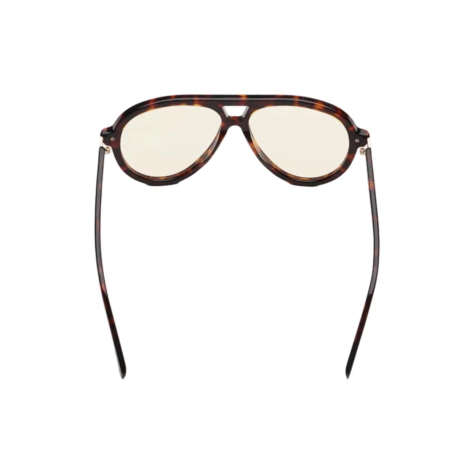 Tortoise framed sunglasses with yellow lenses and gold accents on a white background