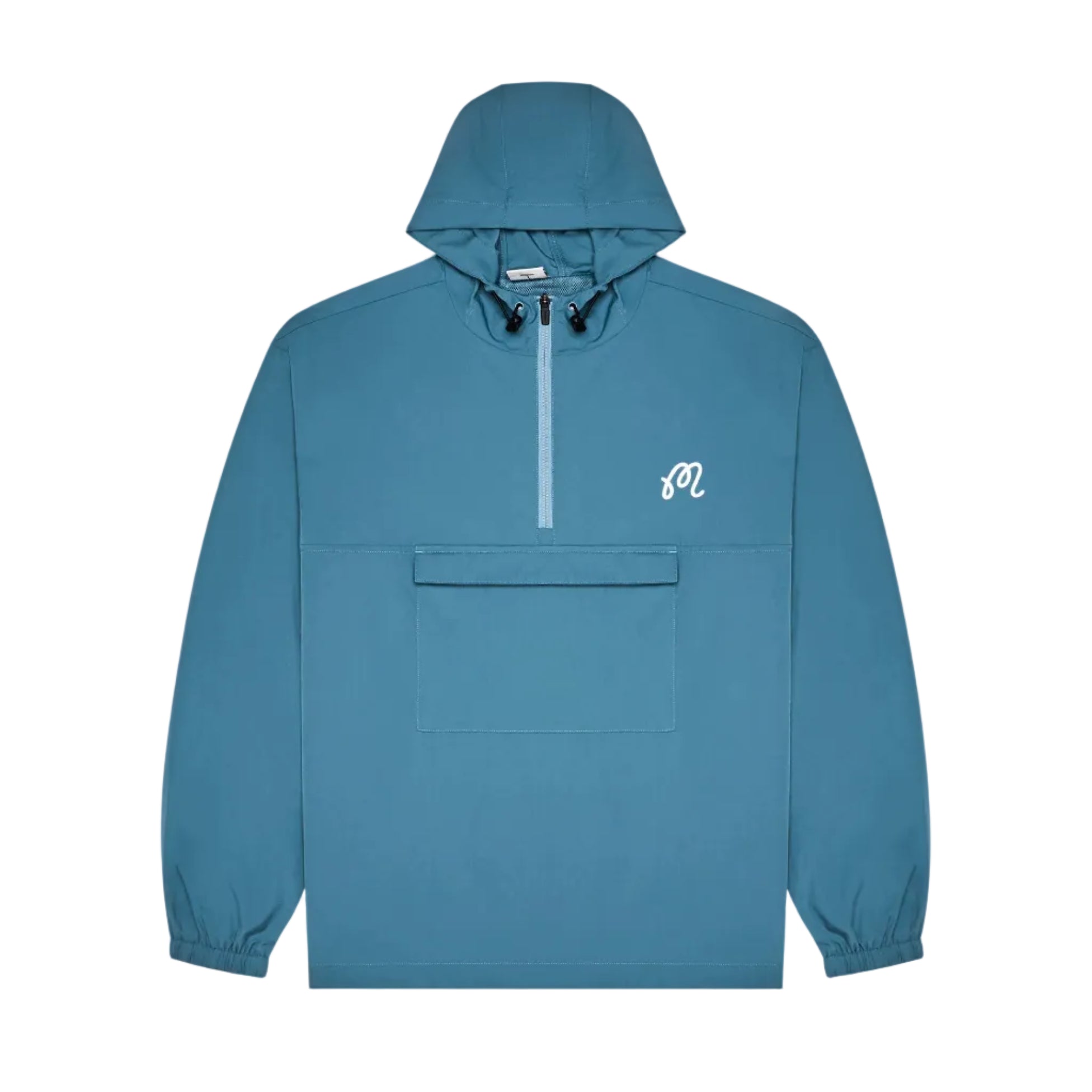 Blue hooded jacket with a brand logo on a white background