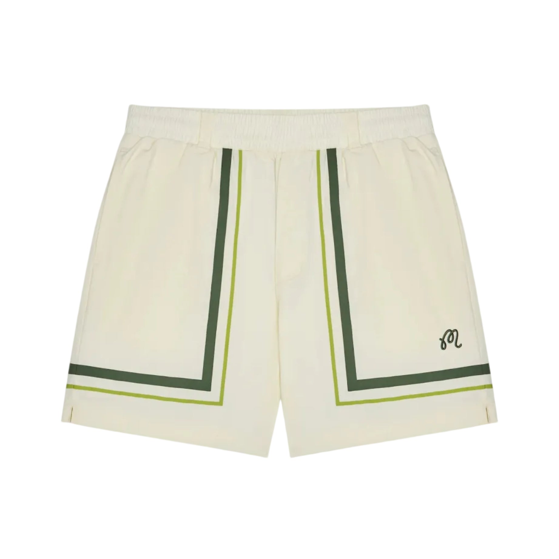 Off-white athletic shorts with dark green and lime green border stripes on the sides and a small black embroidered monogram logo on the lower right leg, shown flat on a white background.