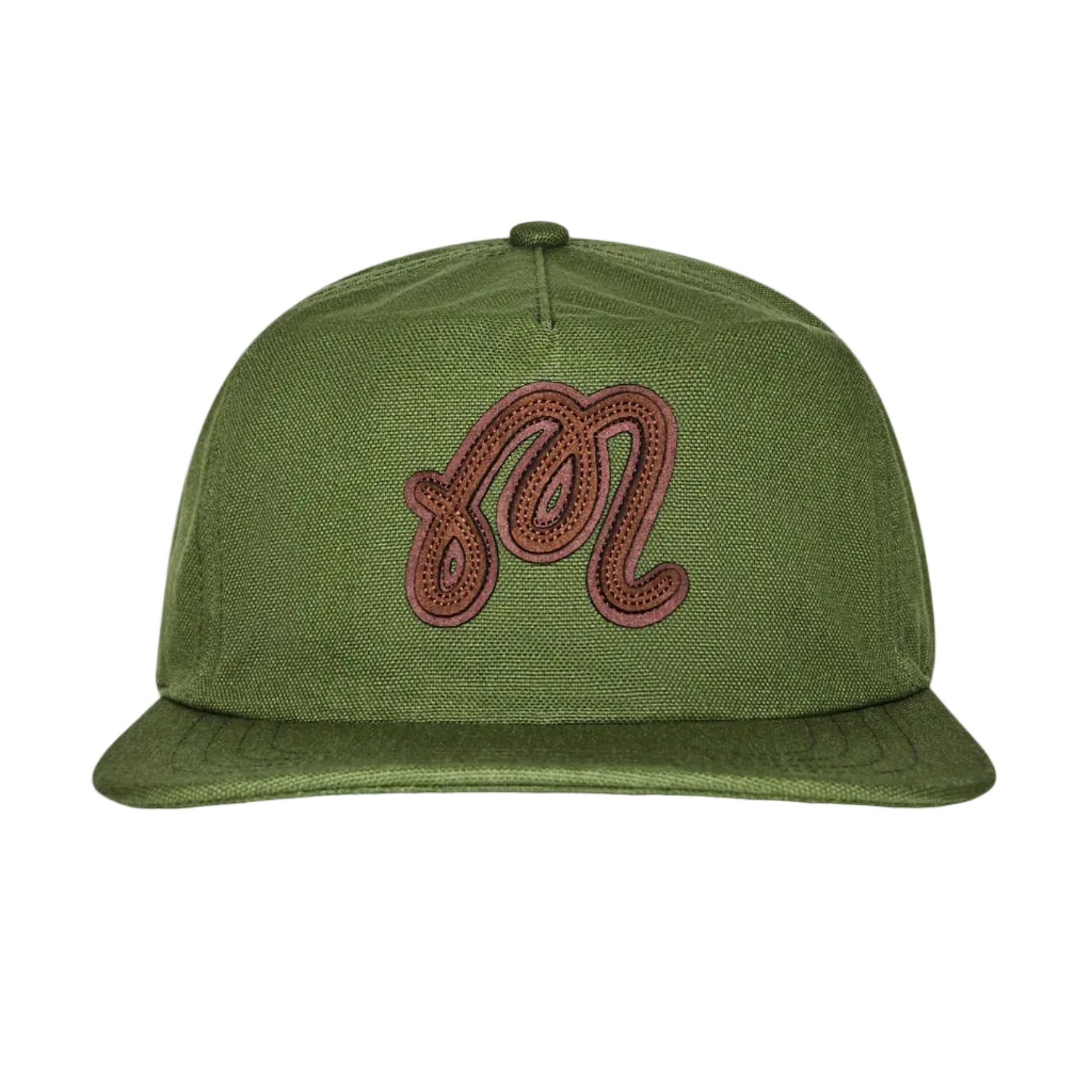 Green cap with brown embroidered logo on a white background