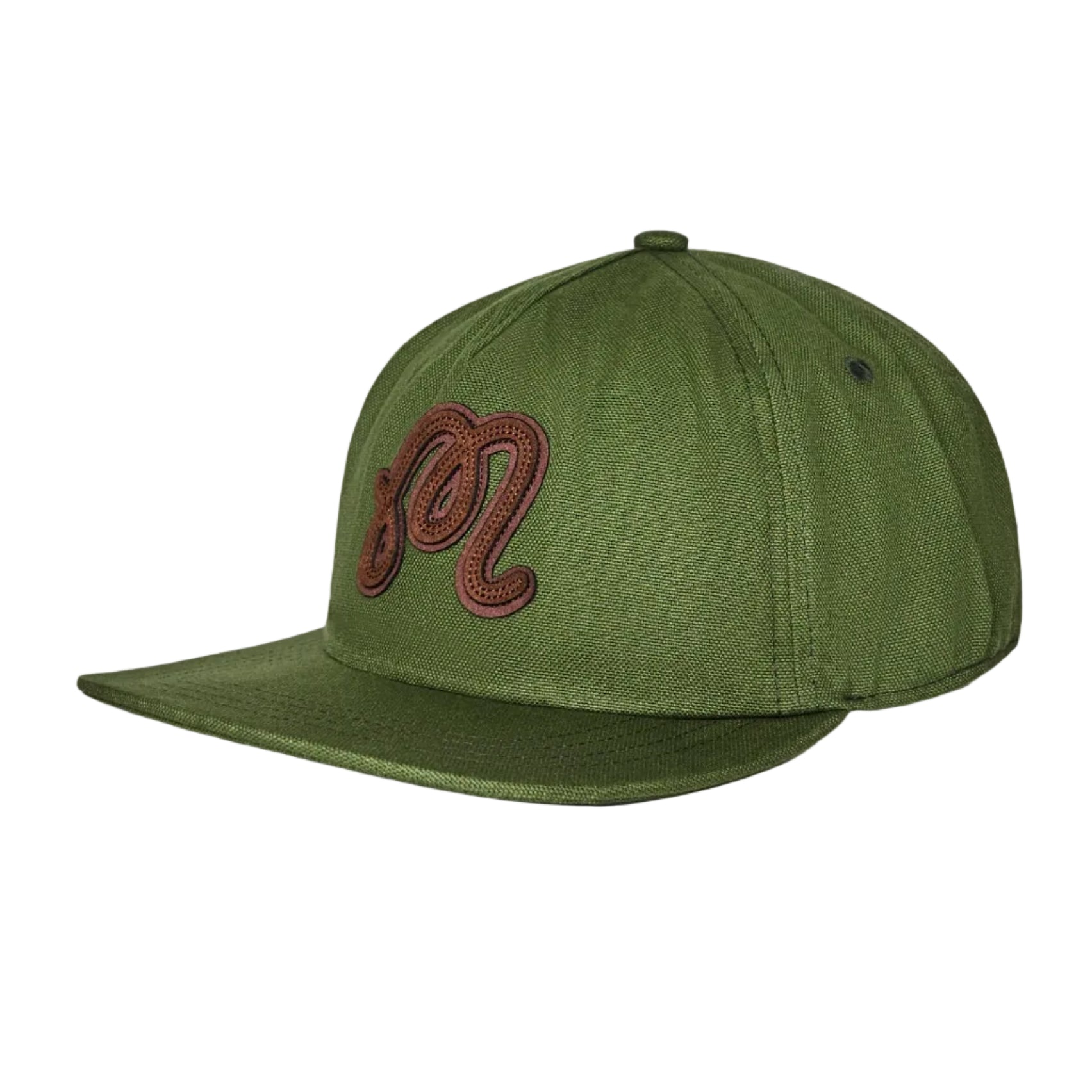 Green cap with a red logo on a white background