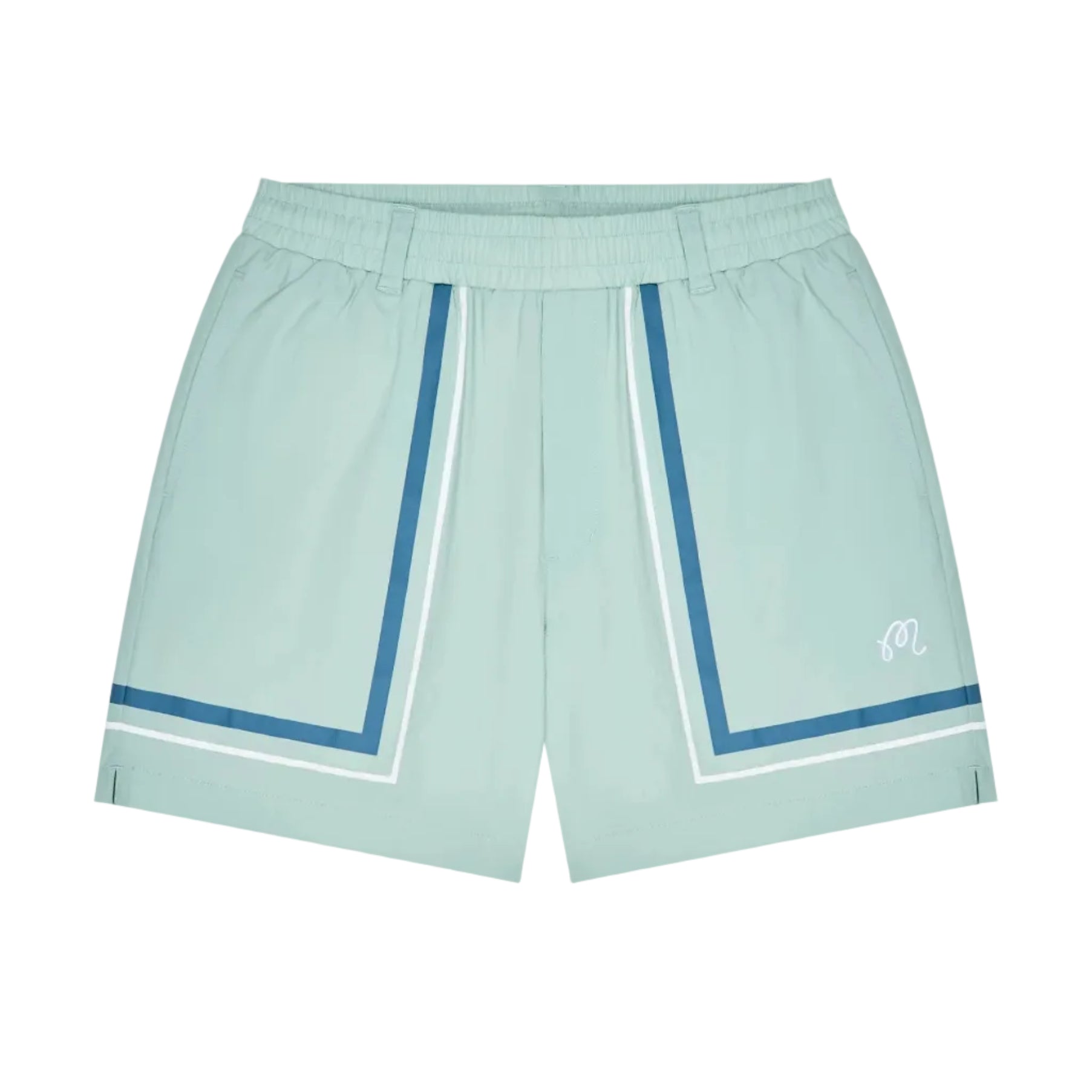 Light blue shorts with white and blue trim on a white background