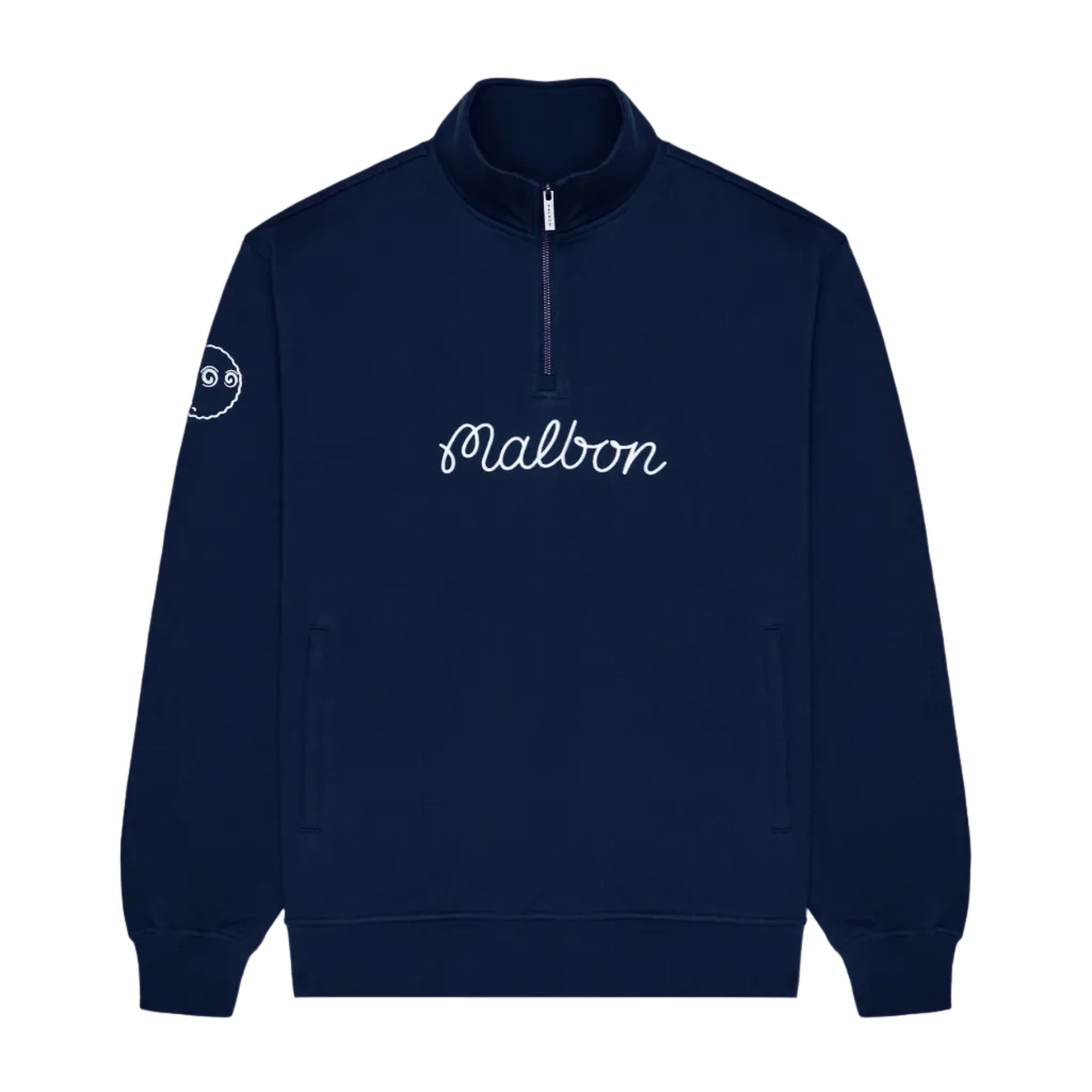 A navy half-zip pullover sweatshirt with 'Malbon' written in white script across the chest and a small white circular logo on the right sleeve, shown against a white background.