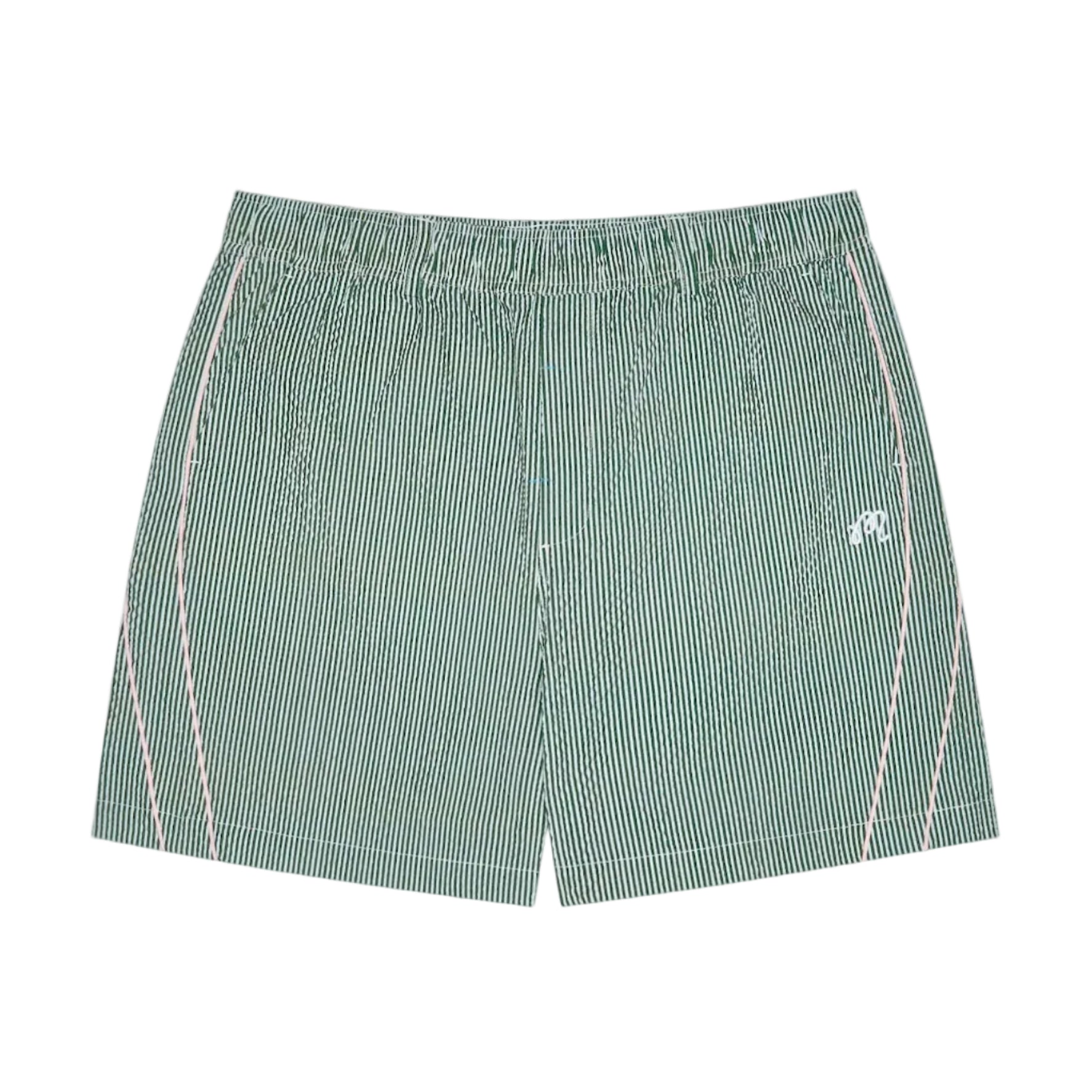 Green seersucker shorts on a white background