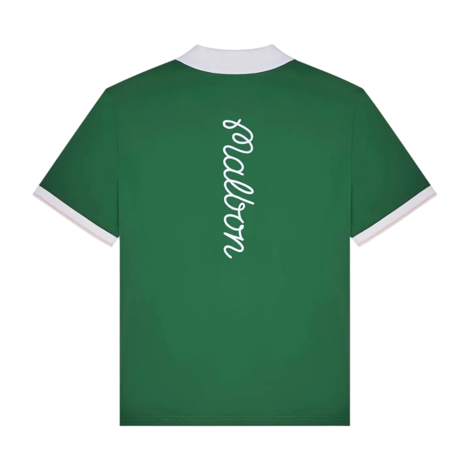 Green polo with logo at the down the back on a white background