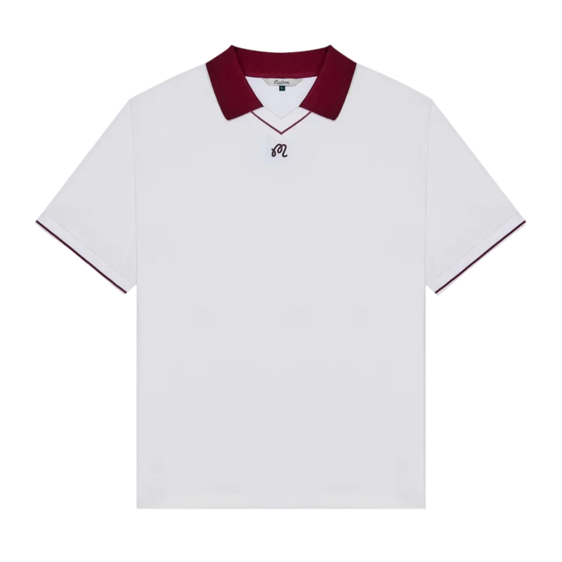 White polo with a maroon collar and logo at the chest on a white background
