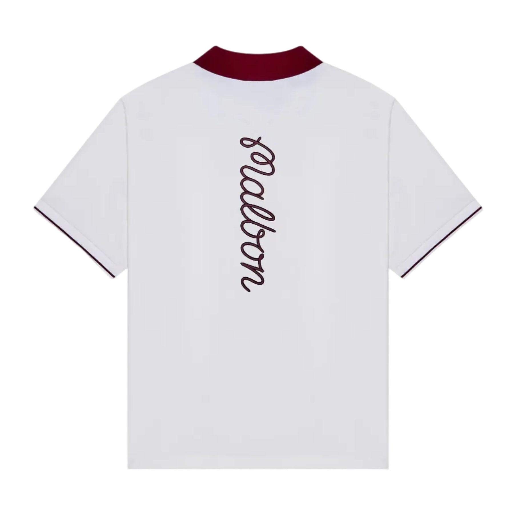 White polo with a maroon collar and logo down the back on a white background