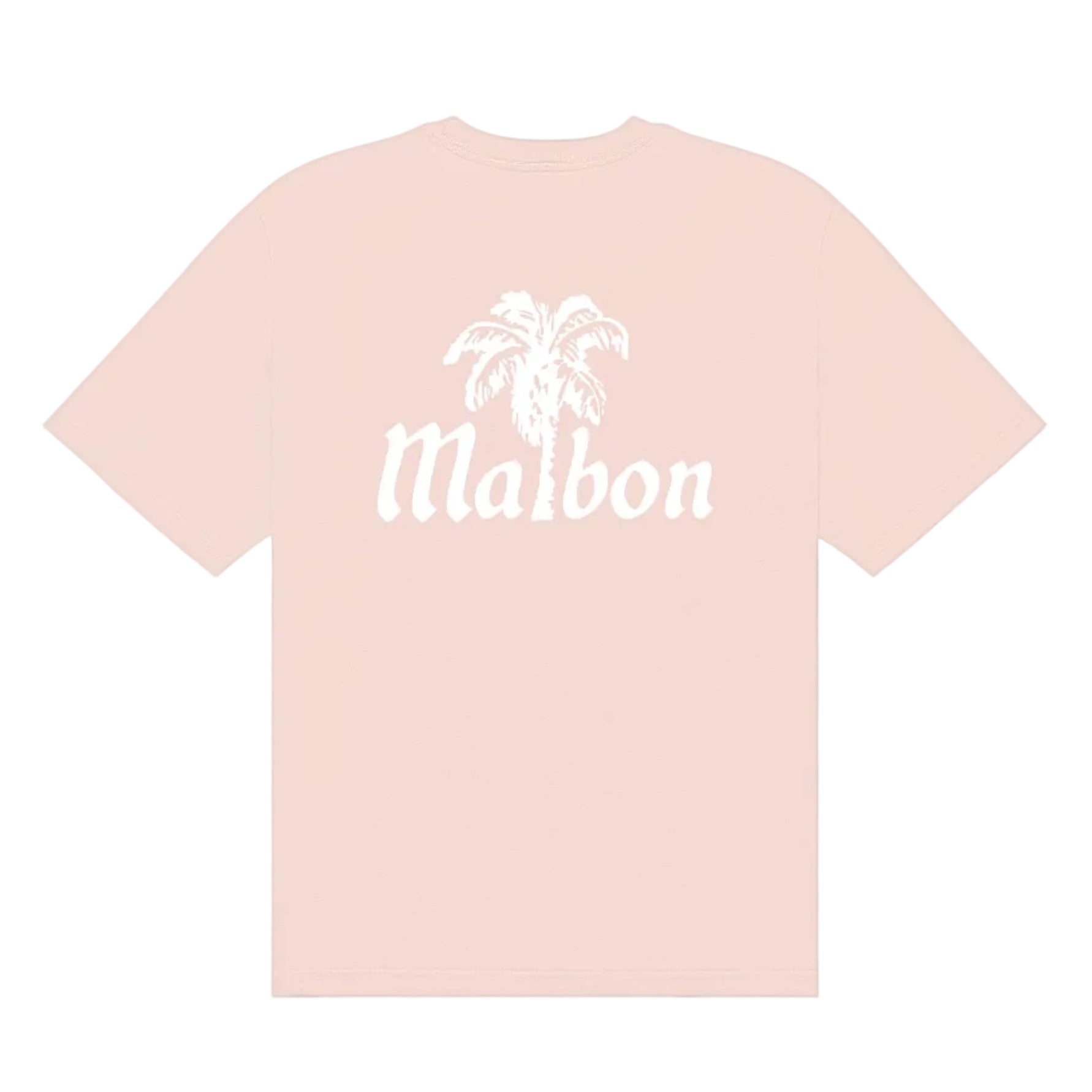 Pink t-shirt with a 'Malbon' palm tree logo printed across the back on a white background