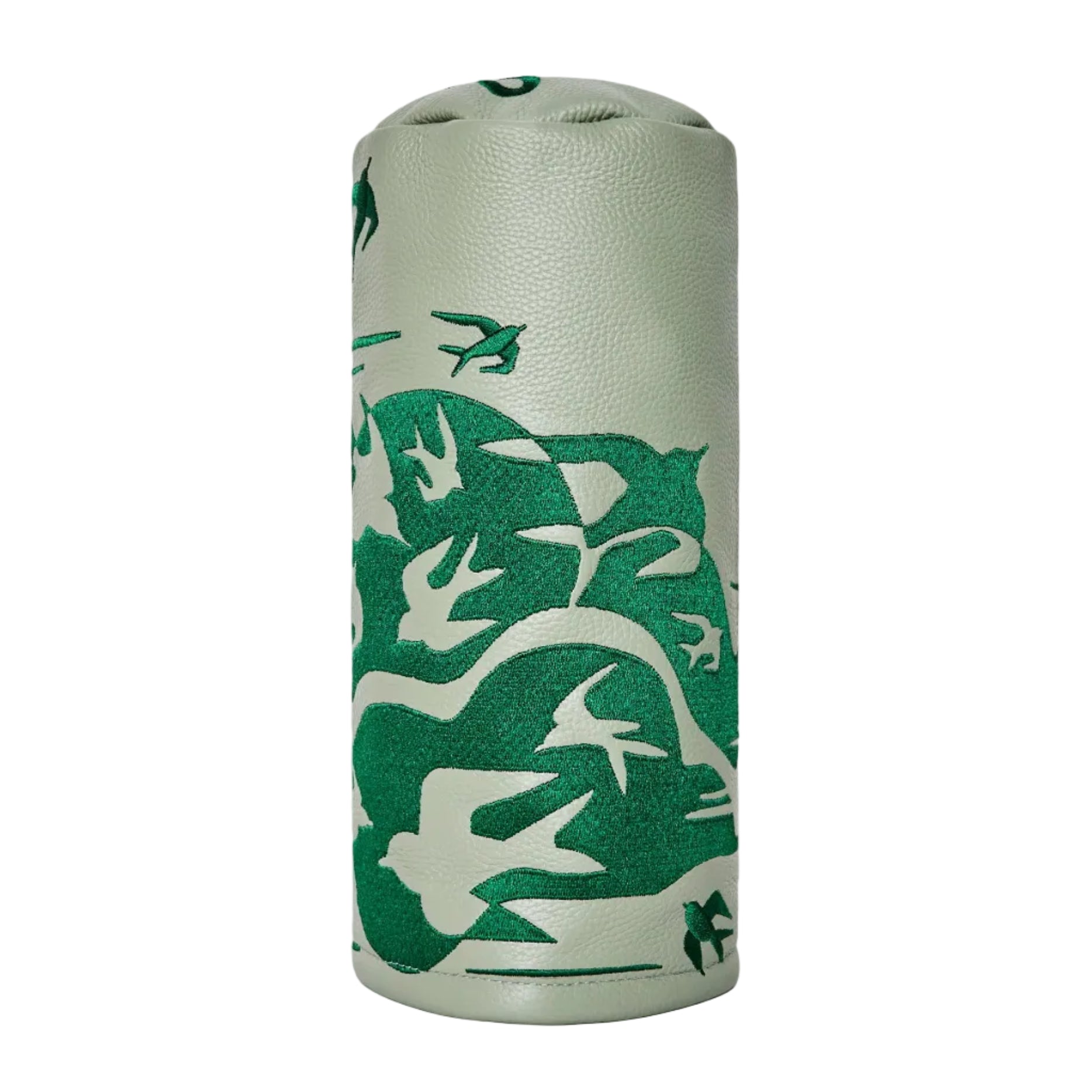 Green leather driver head cover with embroidered graphic on a white background