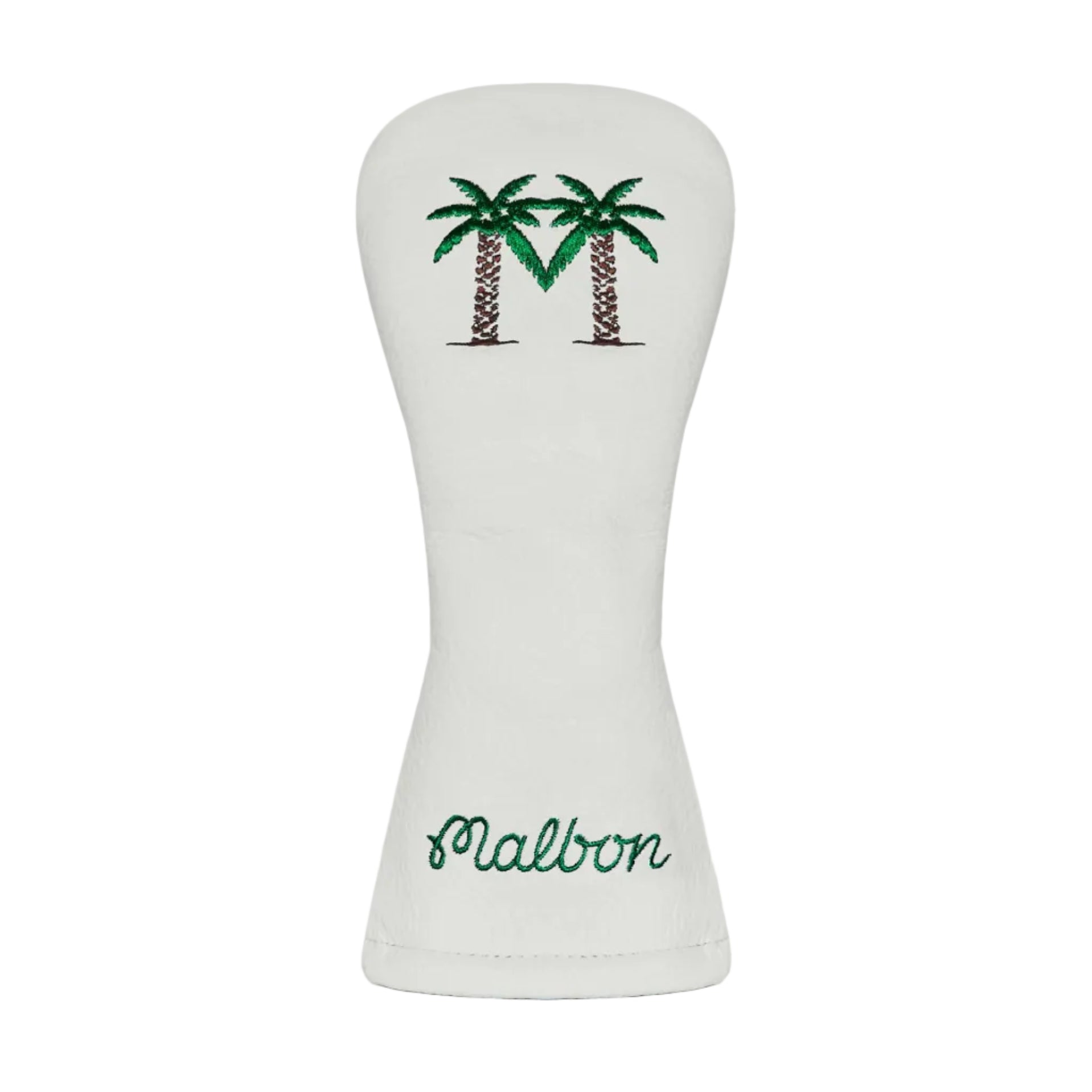 White hybrid headcover with embroidered palms and 'Malbon' details on a white background