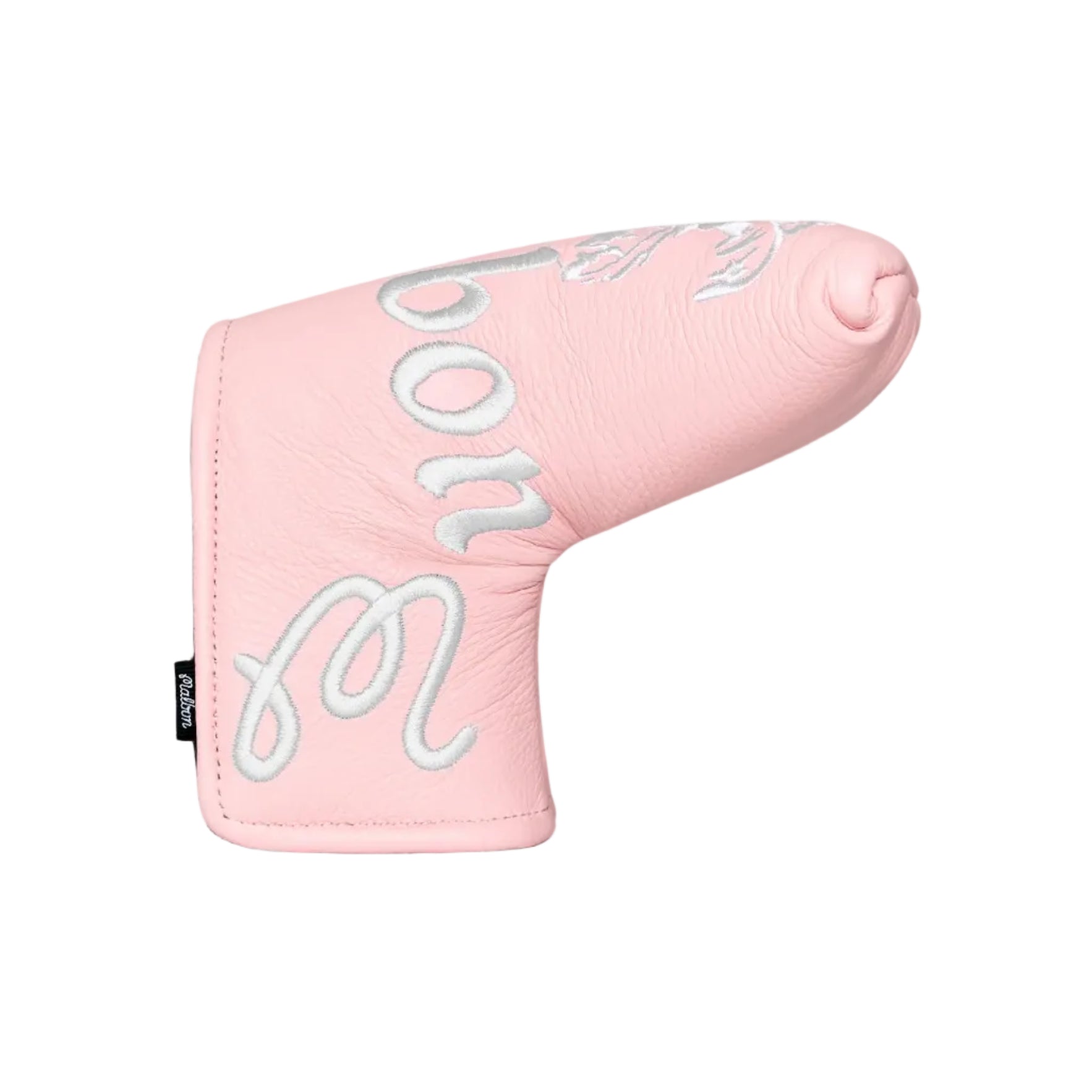 Pink blade putter cover with white embroidered details on a white background