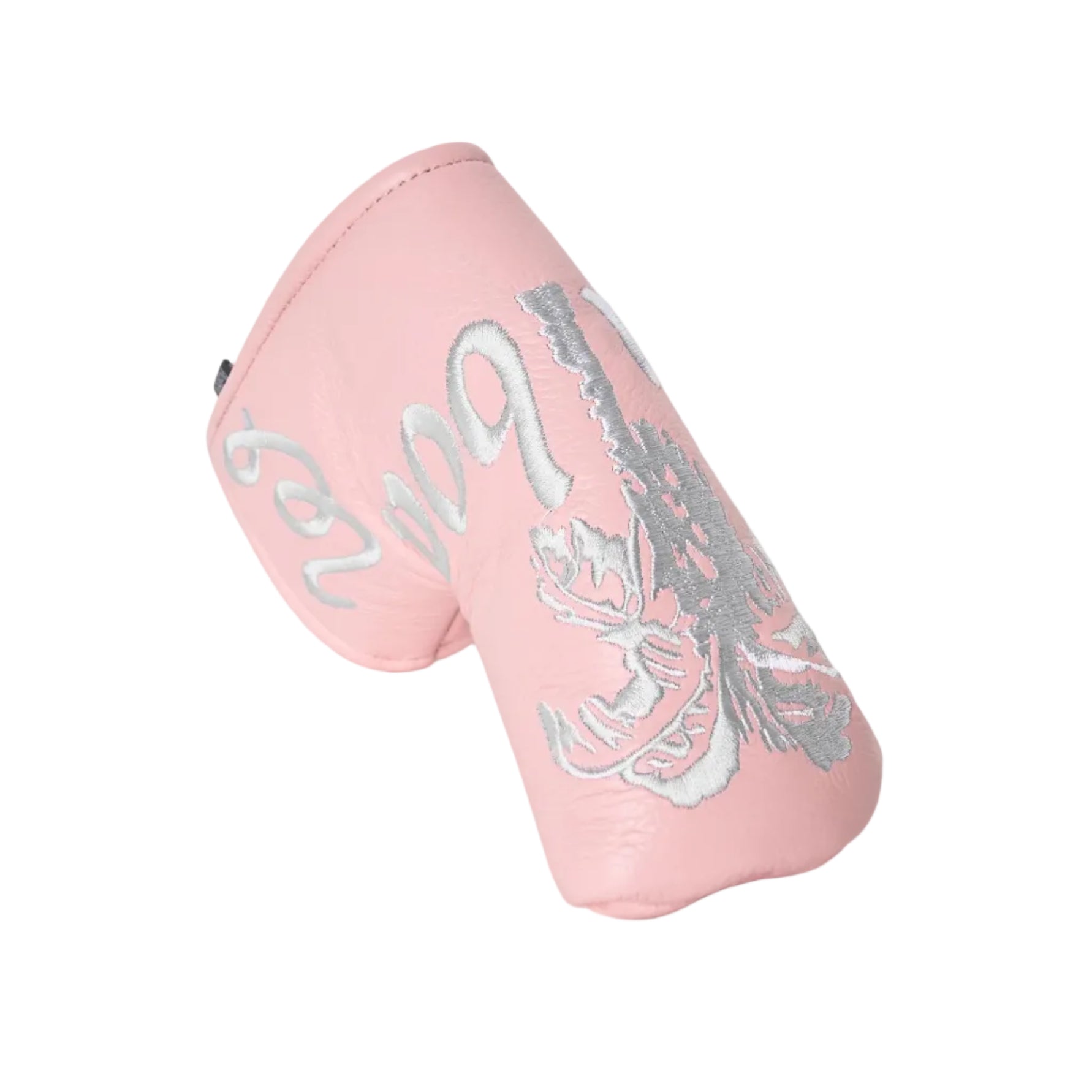 Pink blade putter cover with white embroidered details on a white background