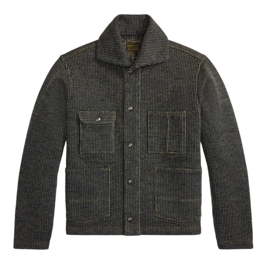 A dark charcoal gray ribbed knit jacket with a stand-up collar, snap-button front, and four front pockets, shown on a plain white background.