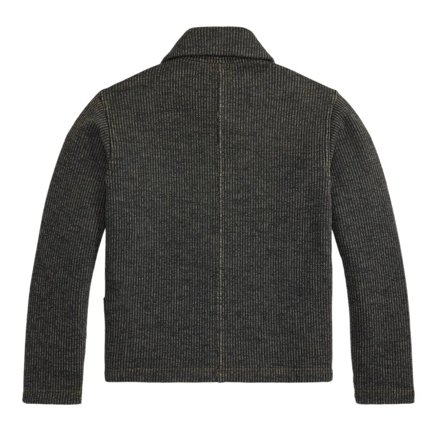 A dark charcoal gray ribbed knit cardigan sweater shown from the back, featuring a collar and long sleeves, displayed on a solid white background.