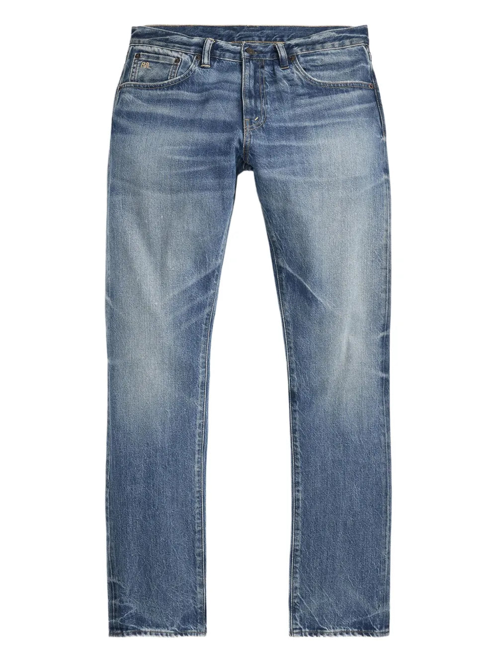 Light blue denim jeans with a faded wash and subtle whiskering, shown flat against a white background.