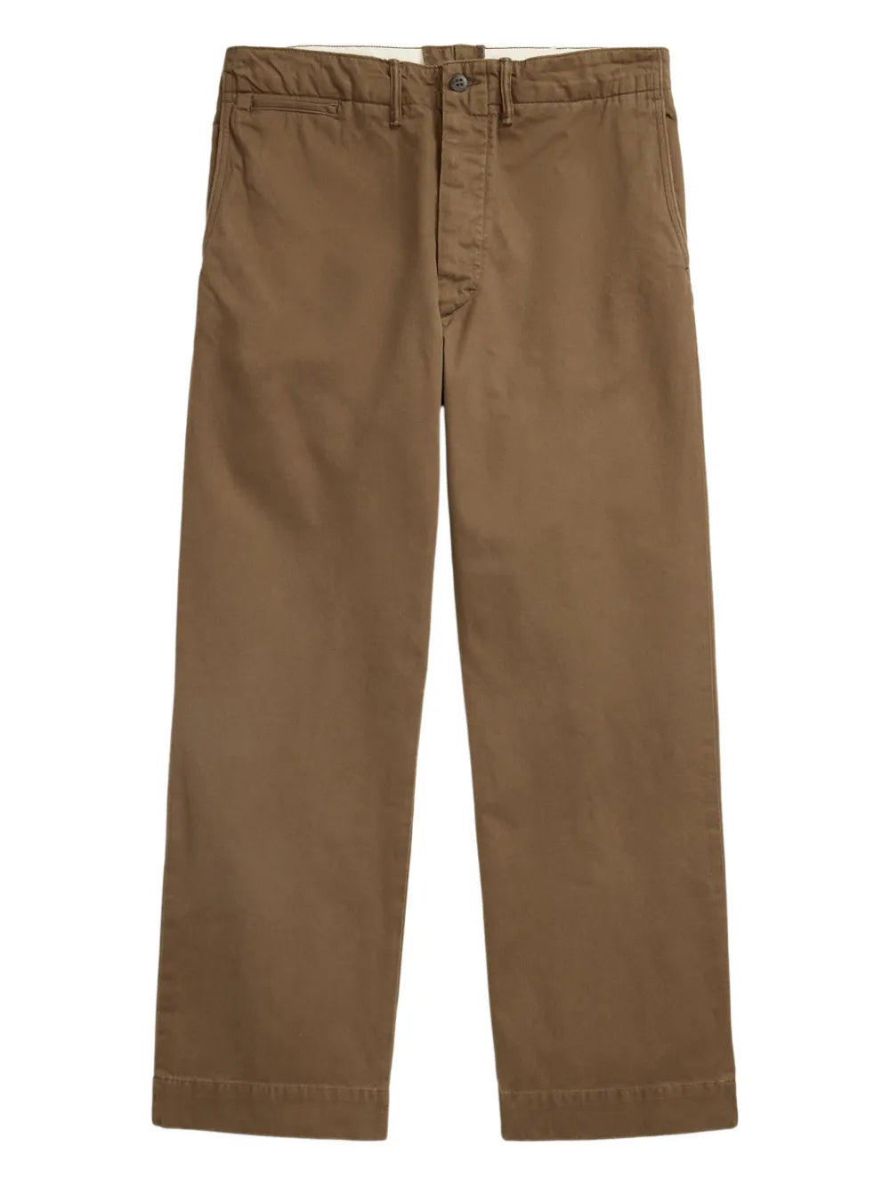A pair of brown chino pants shown flat against a plain white background.