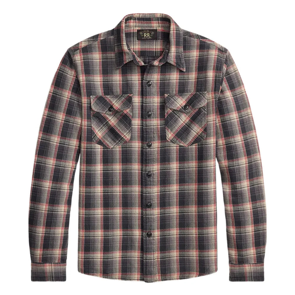 A long-sleeve button-up plaid shirt in a dark charcoal gray and black pattern with thin red and white stripes, featuring two buttoned chest pockets, shown on a plain white background.