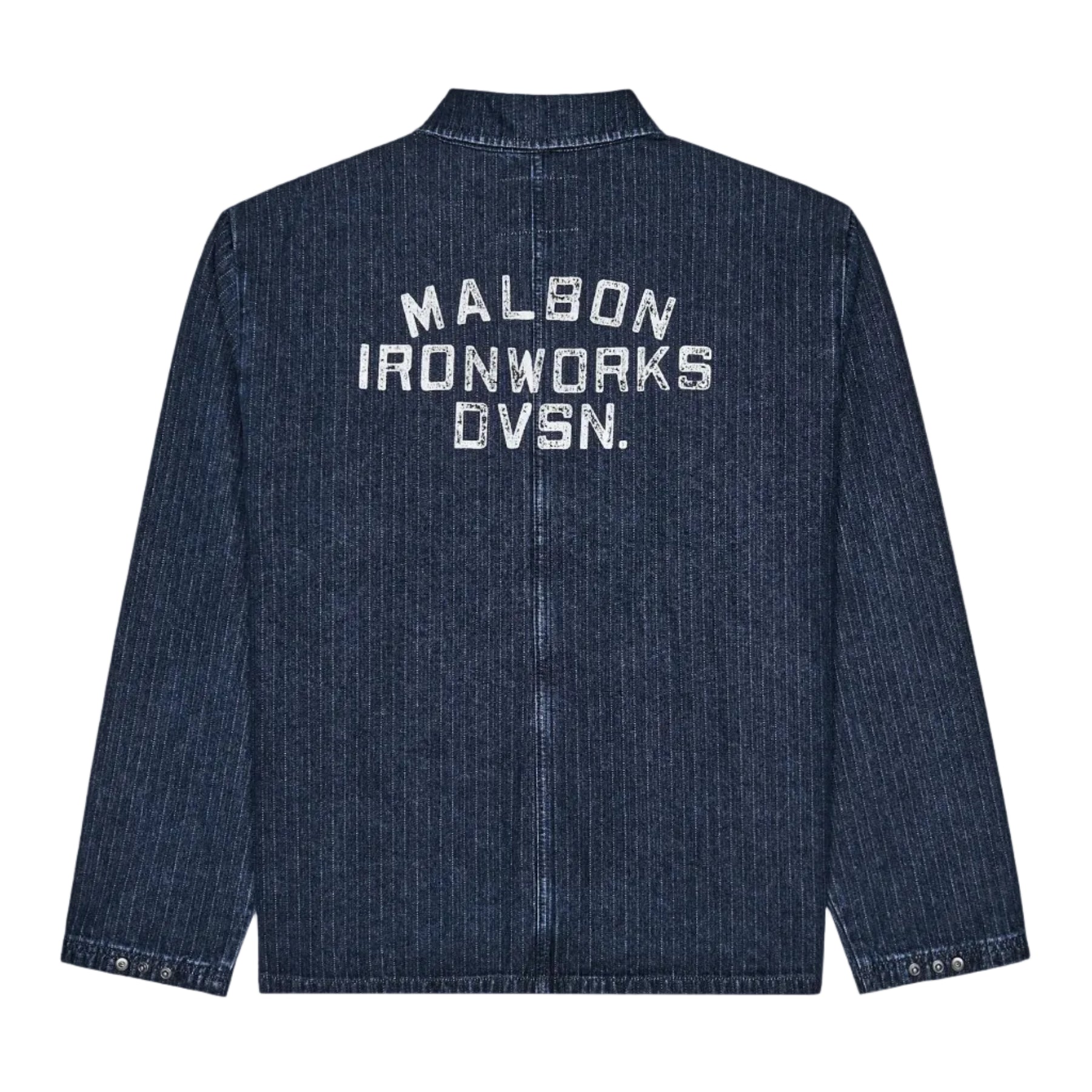 A dark blue ribbed denim jacket shown from the back, featuring 'MALBON IRONWORKS DVSN.' printed in distressed white block letters across the upper back.