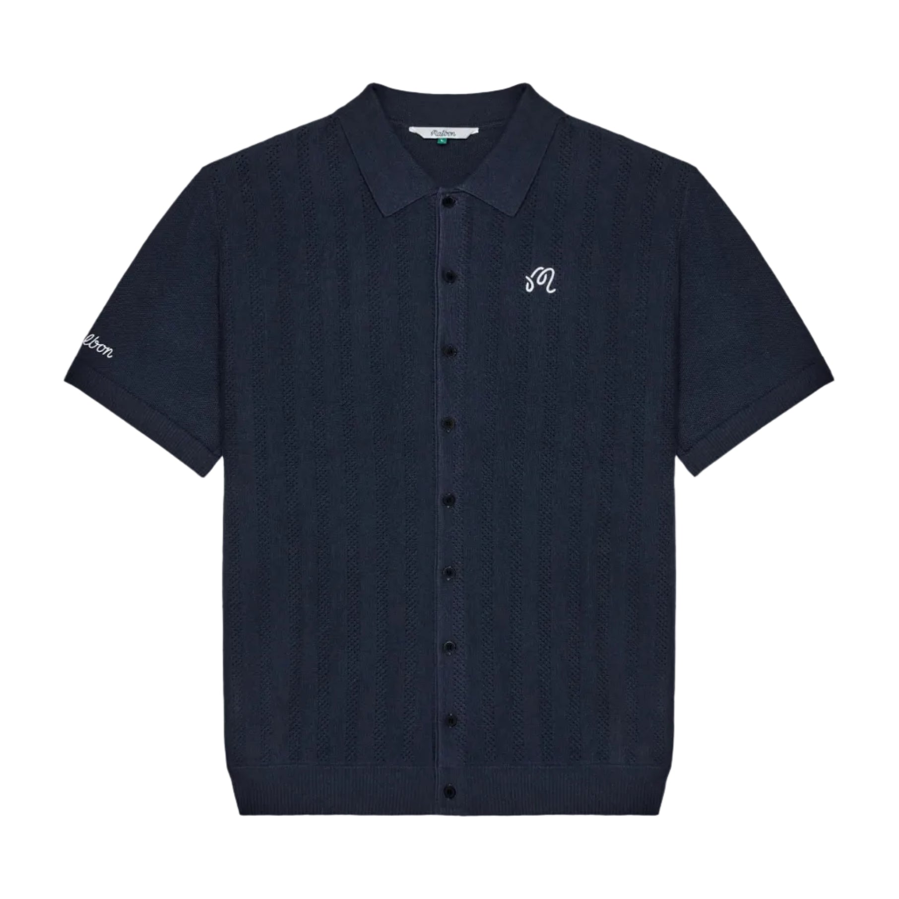 A dark navy blue short-sleeve button-up shirt with a textured weave, featuring a small white embroidered script logo on the left chest and a matching logo on the right sleeve, displayed against a solid white background.