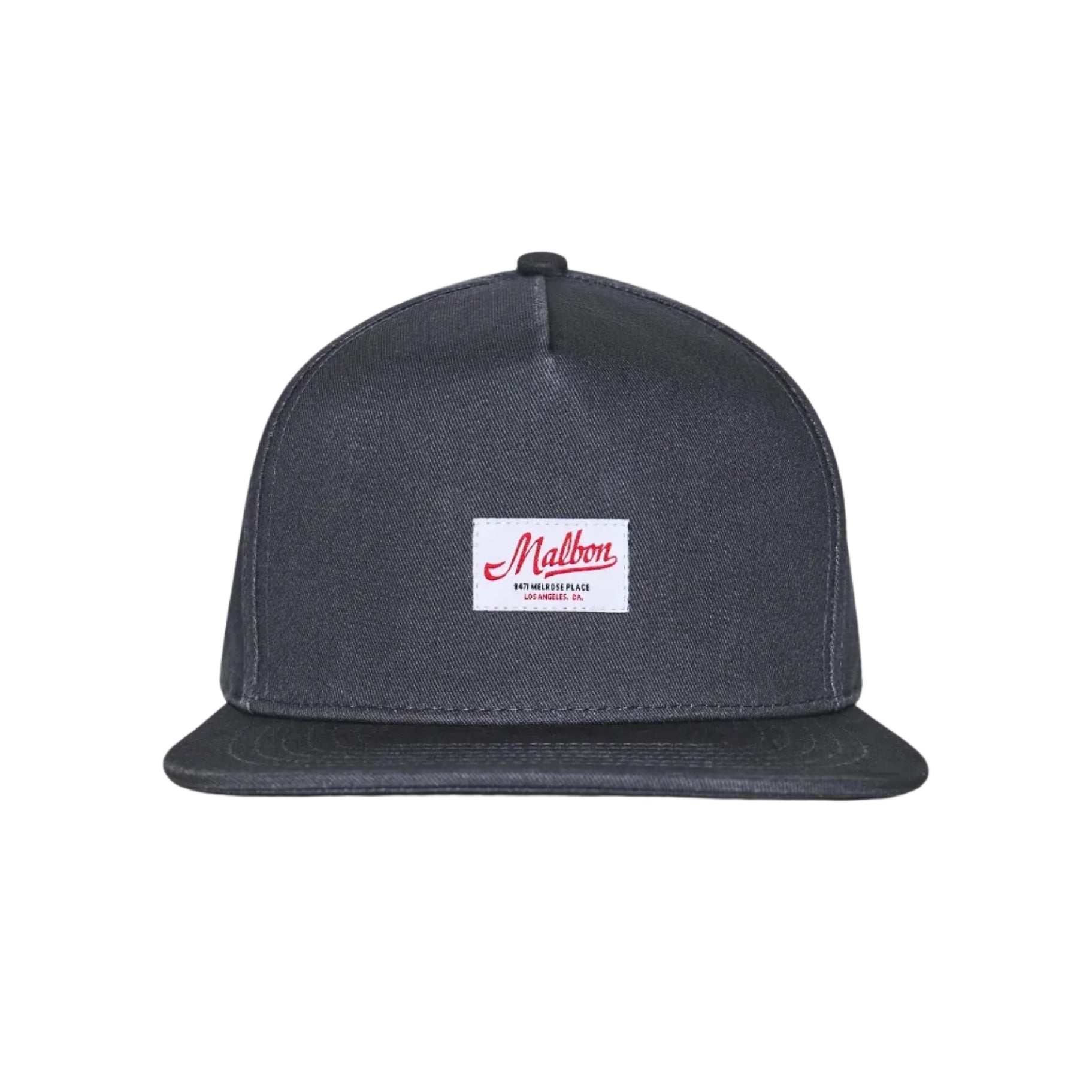 A dark blue snapback cap with a white rectangular patch on the front featuring the red script logo 'Malbon'.