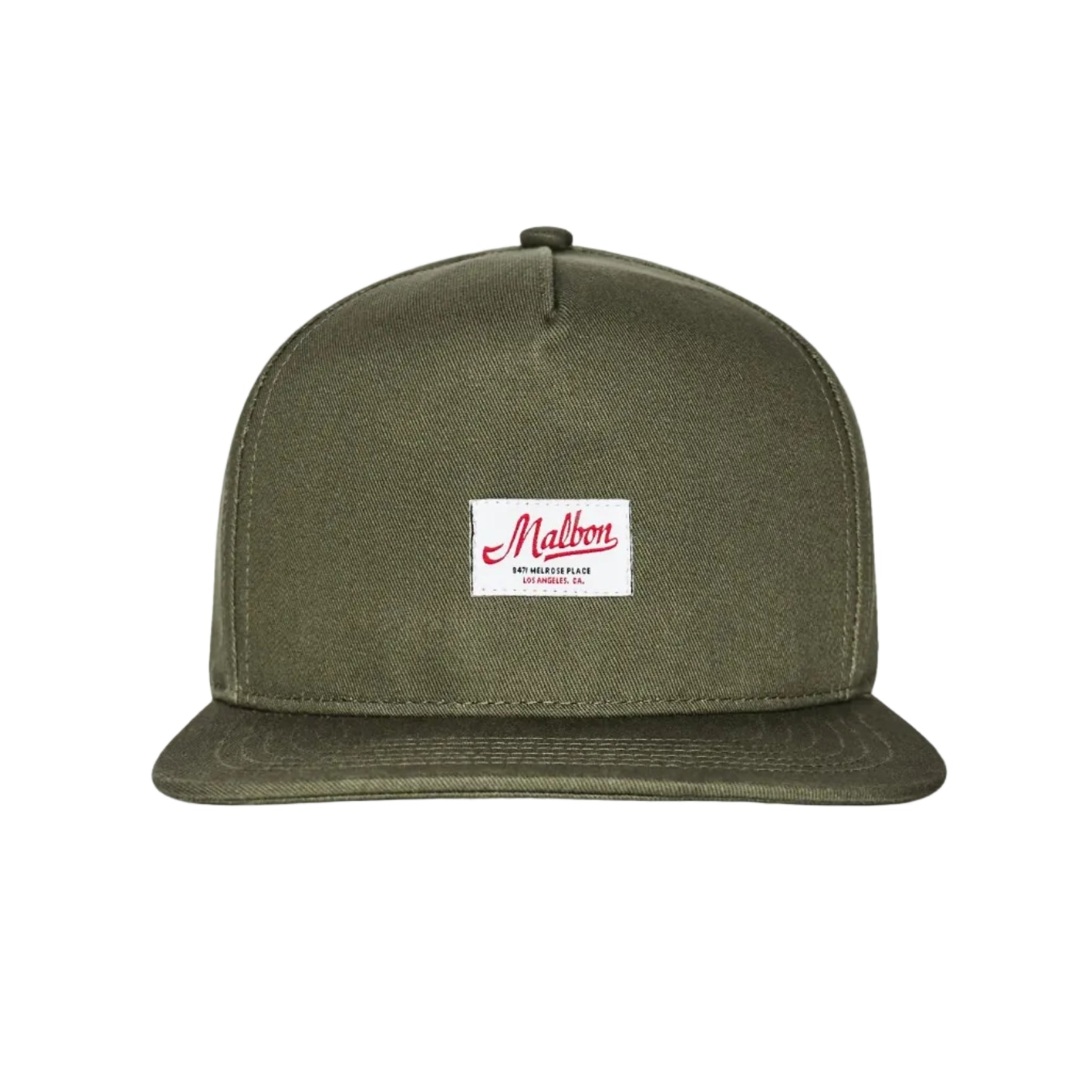 An olive green flat-brim cap with a white rectangular patch on the front featuring the red script logo 'Mathers'.