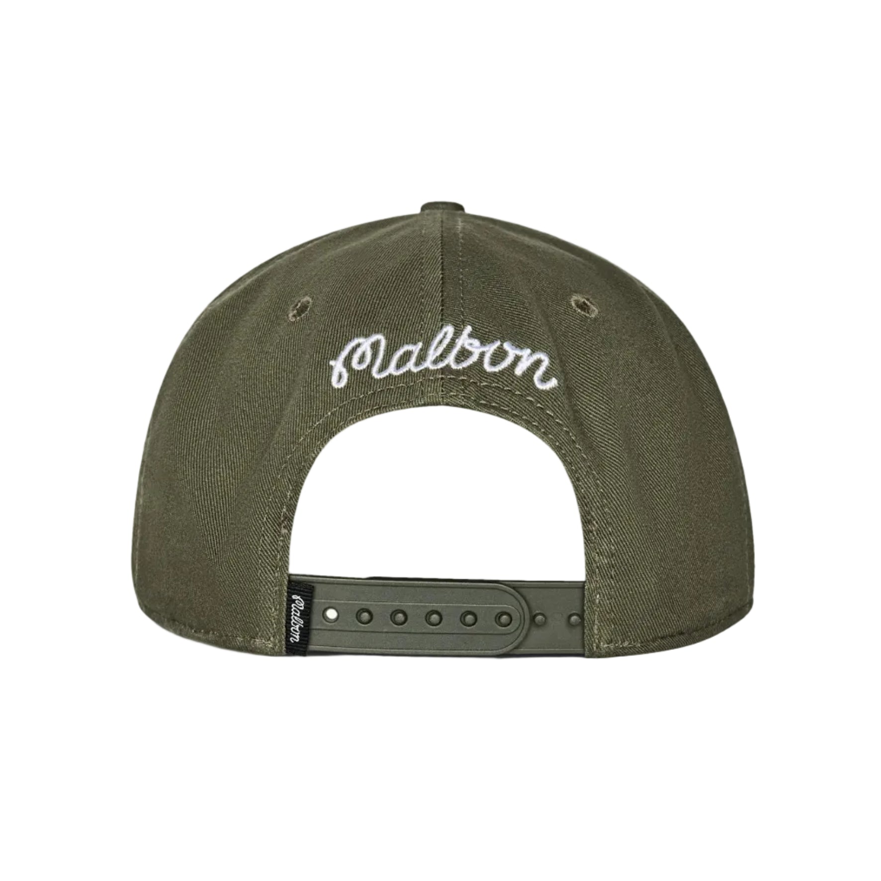 An olive green snapback cap shown from the back, featuring the brand name 'Malbon' embroidered in white script across the back panels.