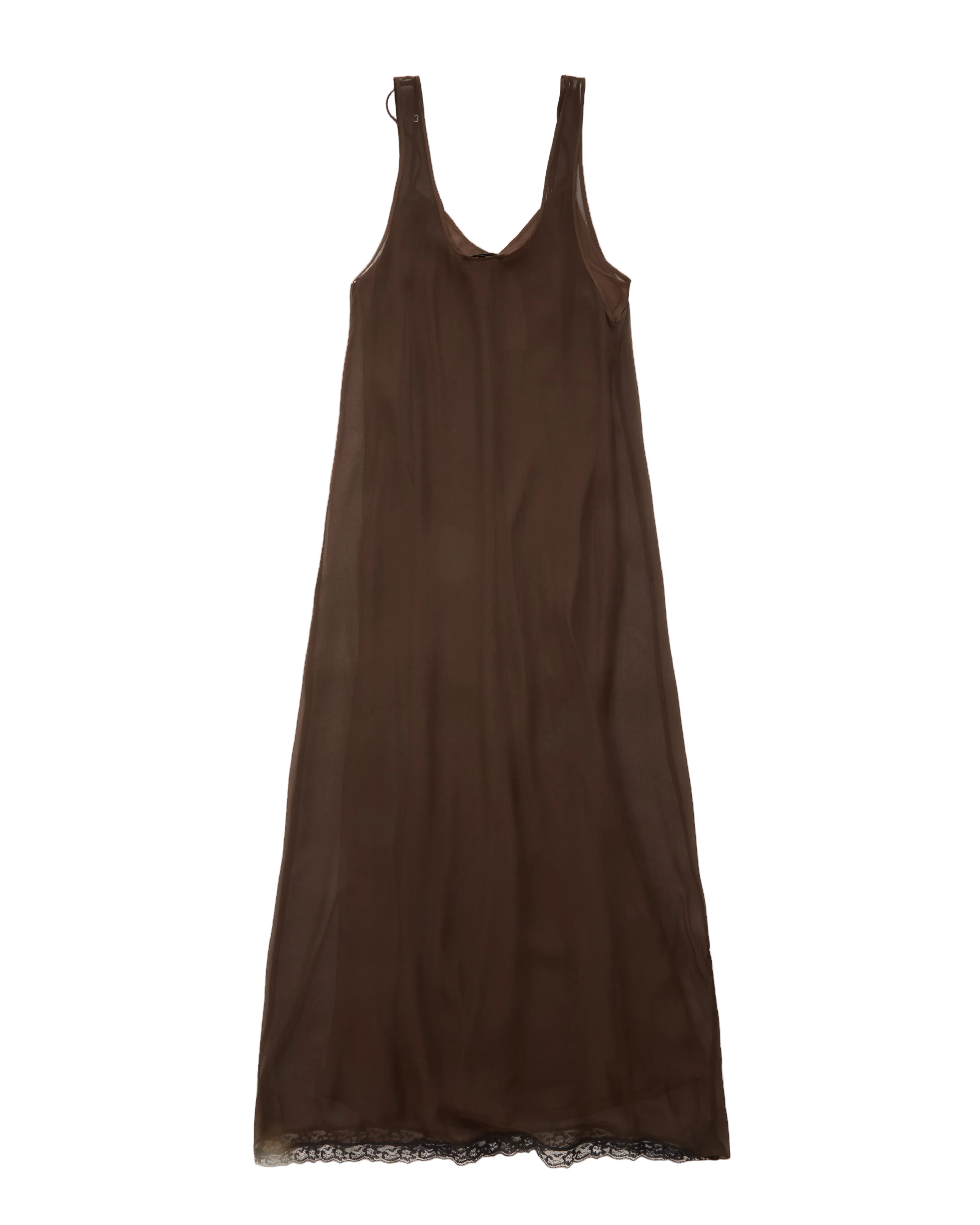A dark brown sleeveless slip dress with a V-neckline and delicate lace trim at the hem, displayed flat against a white background.