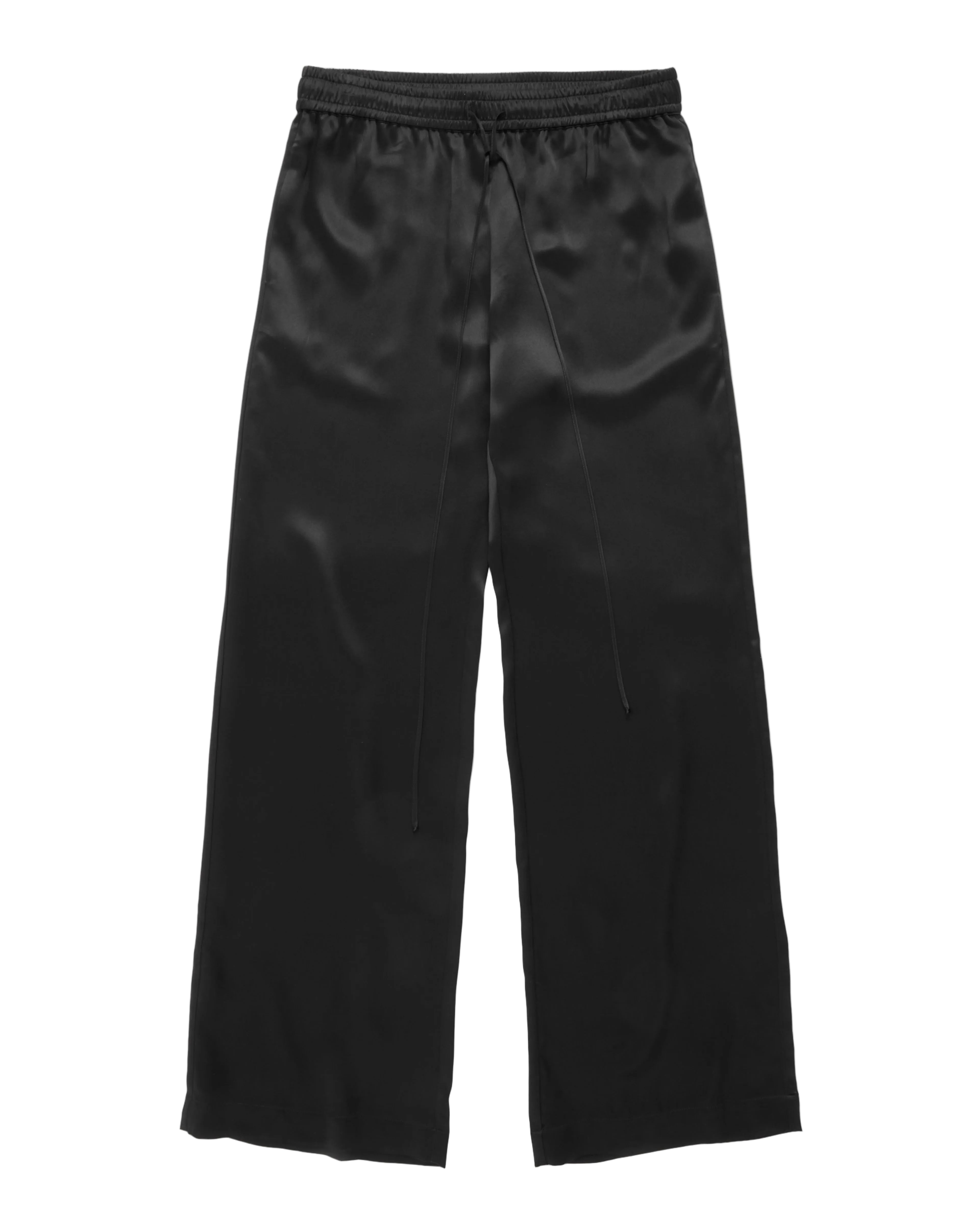 Black wide-leg pants with an elastic drawstring waistband, displayed flat against a white background.