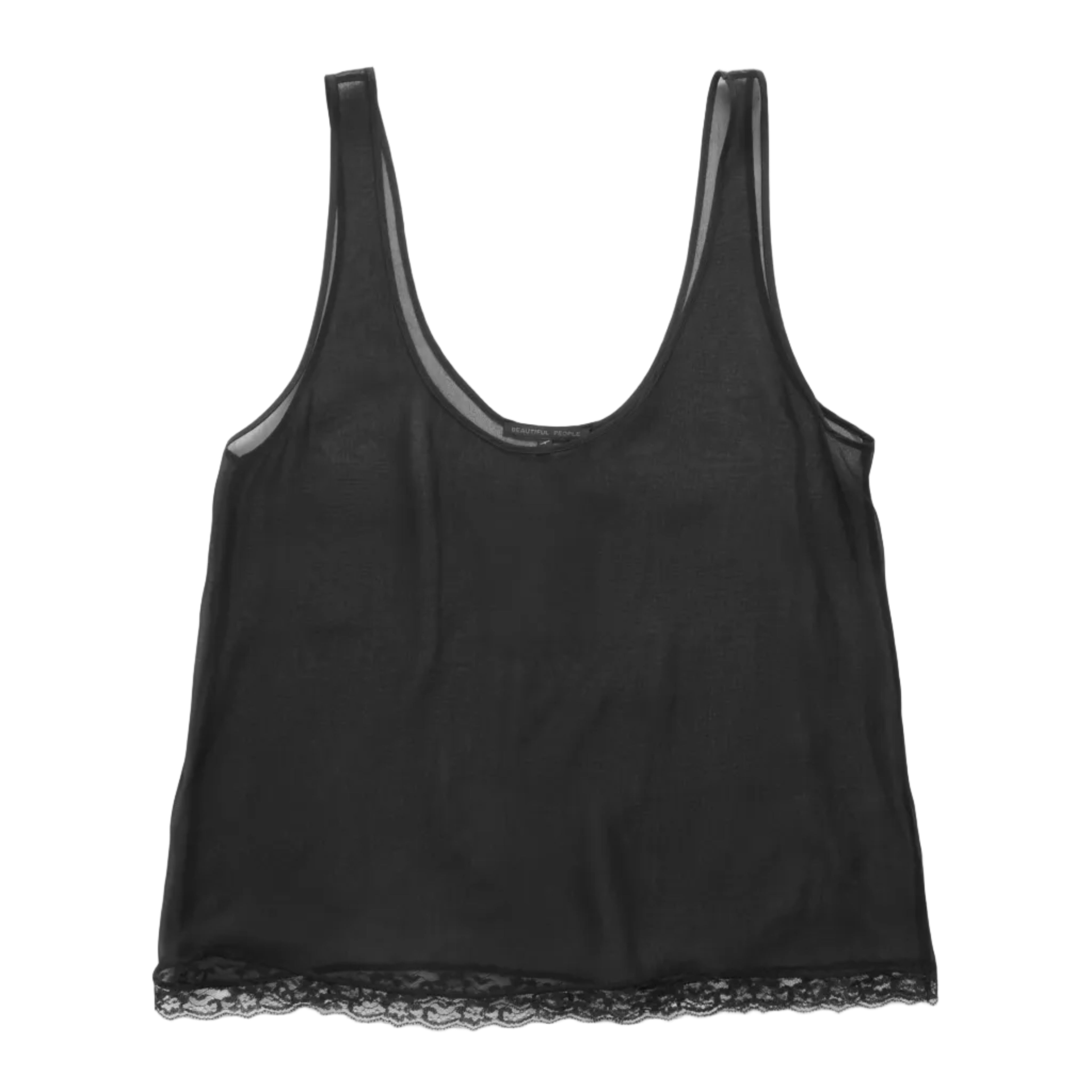 A black sleeveless silk tank top with wide straps and a delicate lace hem, displayed flat against a white background.
