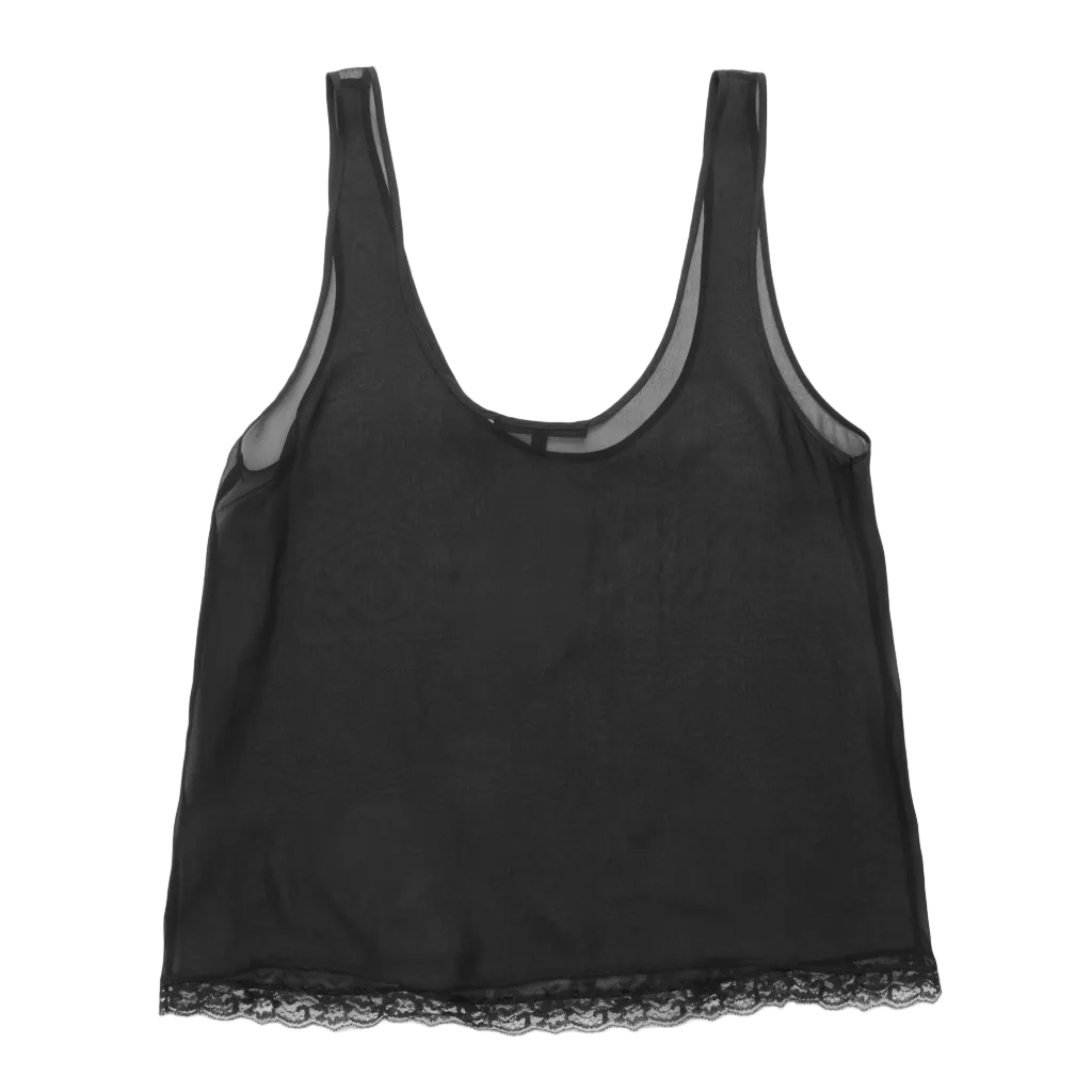 A black sheer mesh tank top with wide straps, a scoop neckline, and a delicate lace hem, displayed flat against a white background.