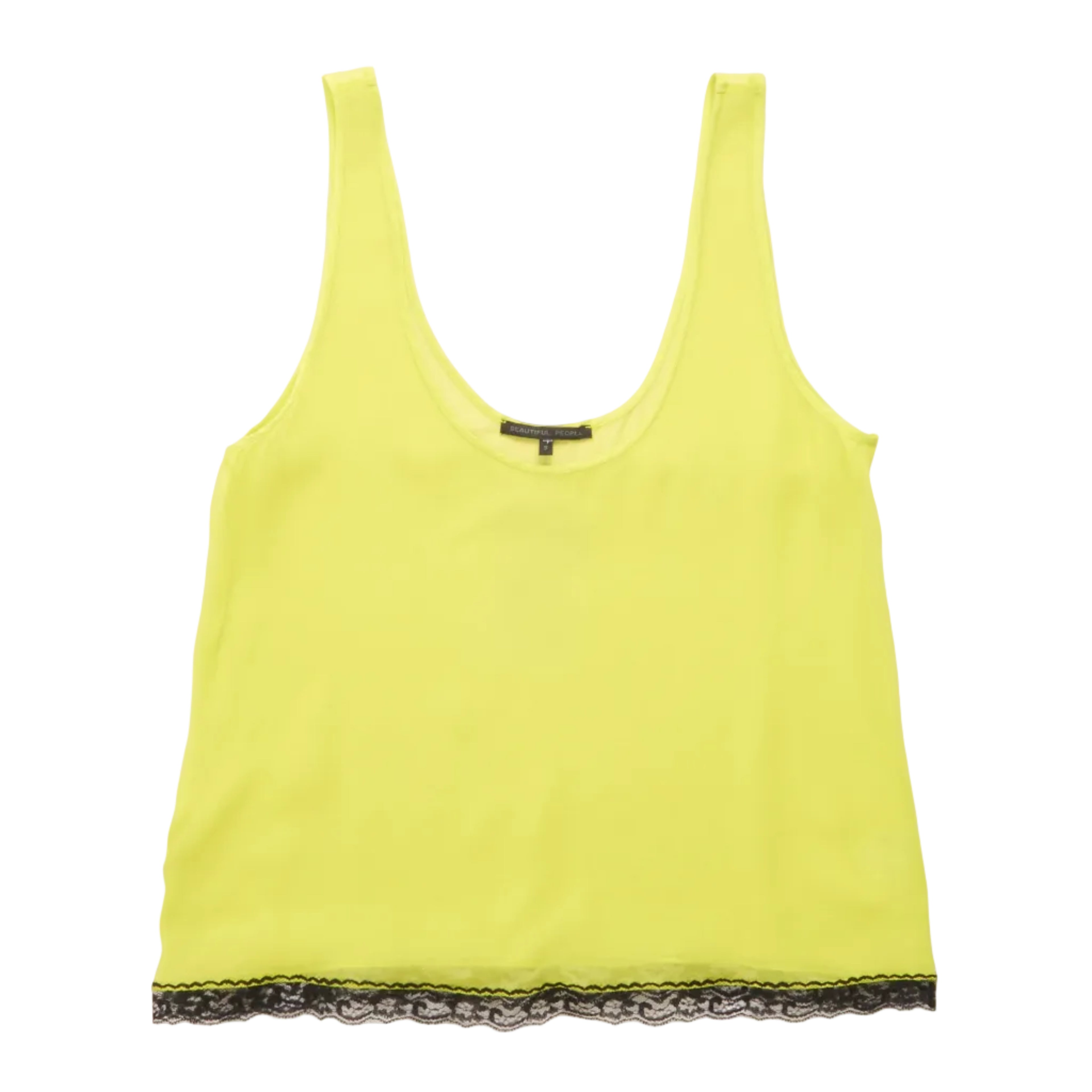 A bright yellow sleeveless tank top with a black lace hem, displayed flat against a white background.