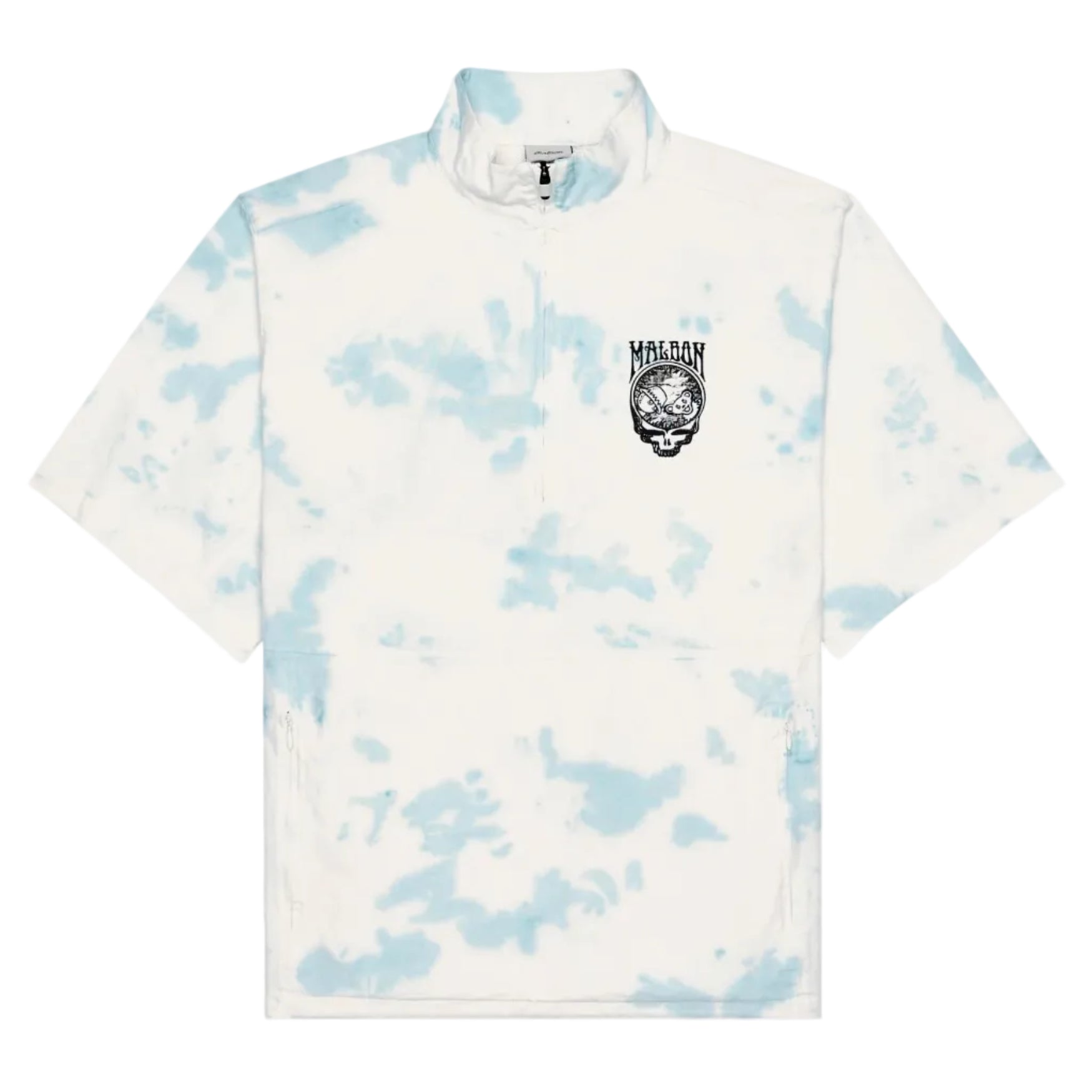 A short-sleeve, high-collar windbreaker in a white-and-light-blue tie-dye pattern, featuring a black Malbon and Grateful Dead skull graphic on the left chest.