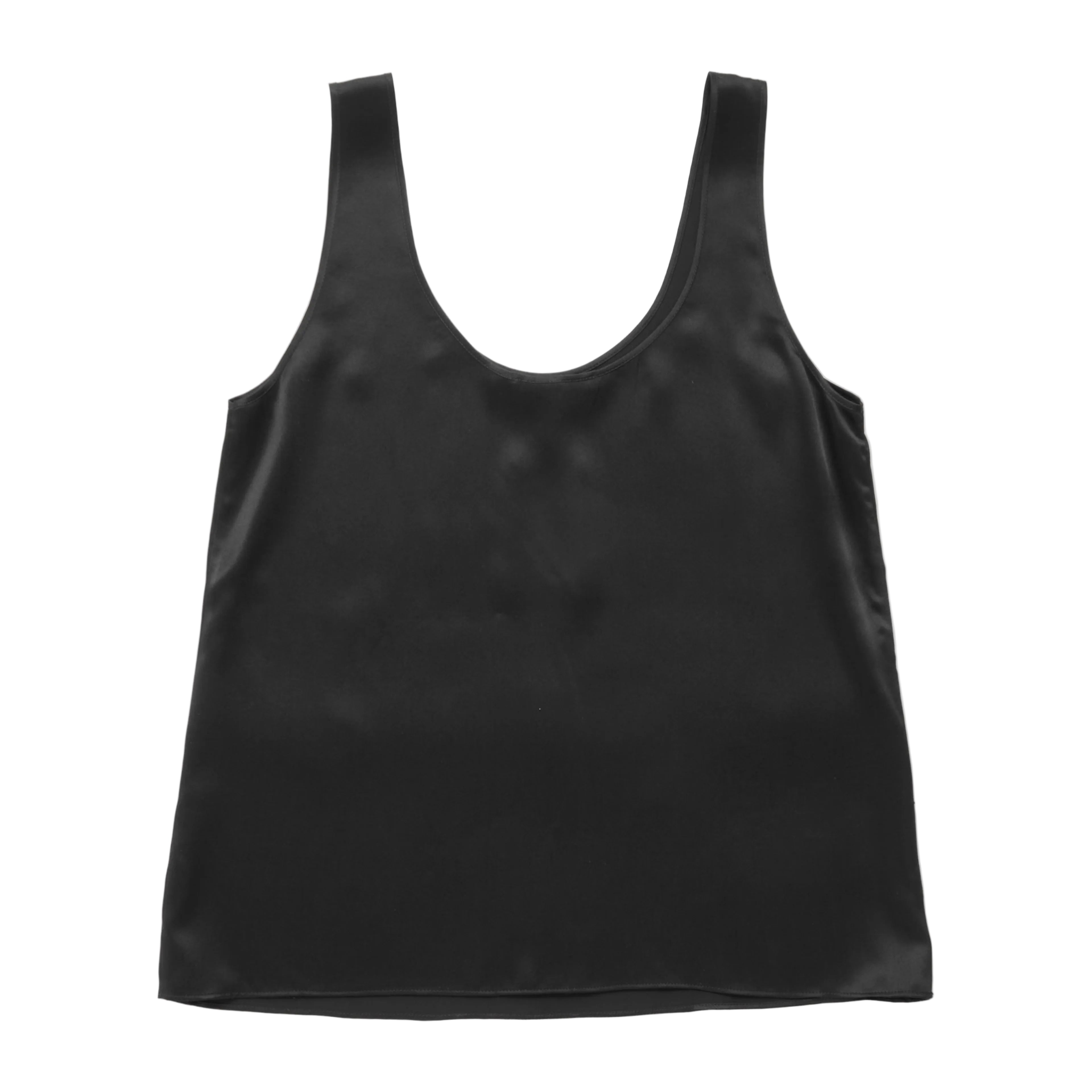 A black satin tank top with wide shoulder straps, laid flat against a clean white background.