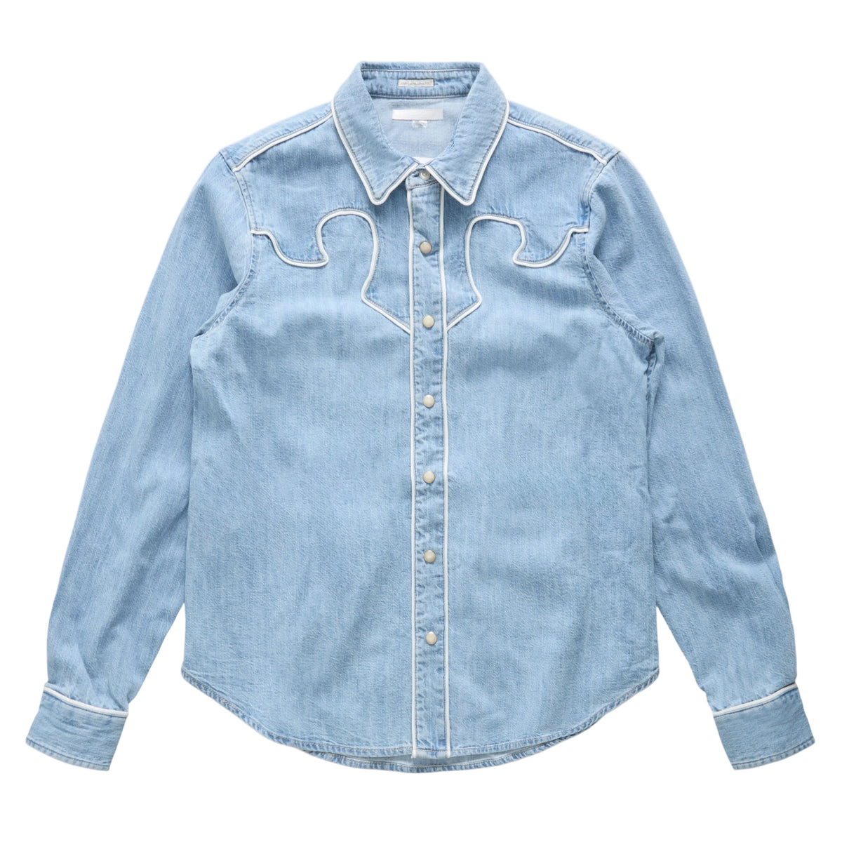 A light blue denim western-style shirt jacket with white contrast stitching, decorative chest embroidery, and a button-down front, shown flat against a white background.