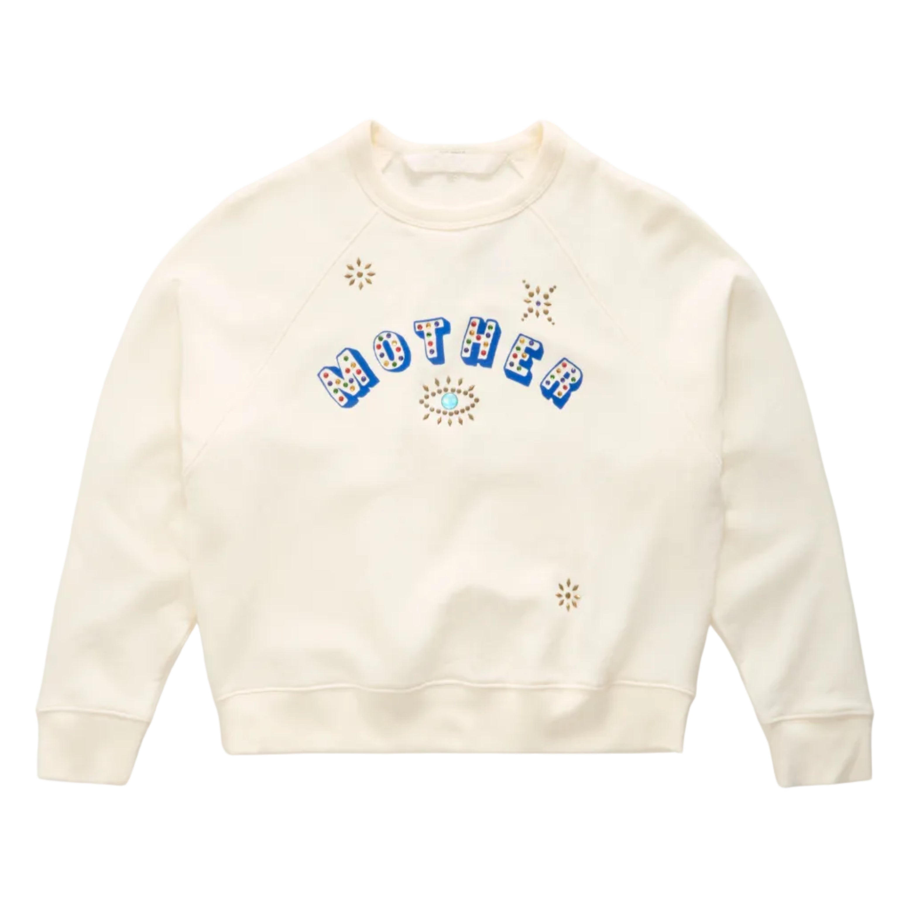 An off-white crewneck sweatshirt featuring the word 'MOTHER' in blue letters with rhinestone embellishments, surrounded by small gold star and eye graphics, laid flat against a white background.