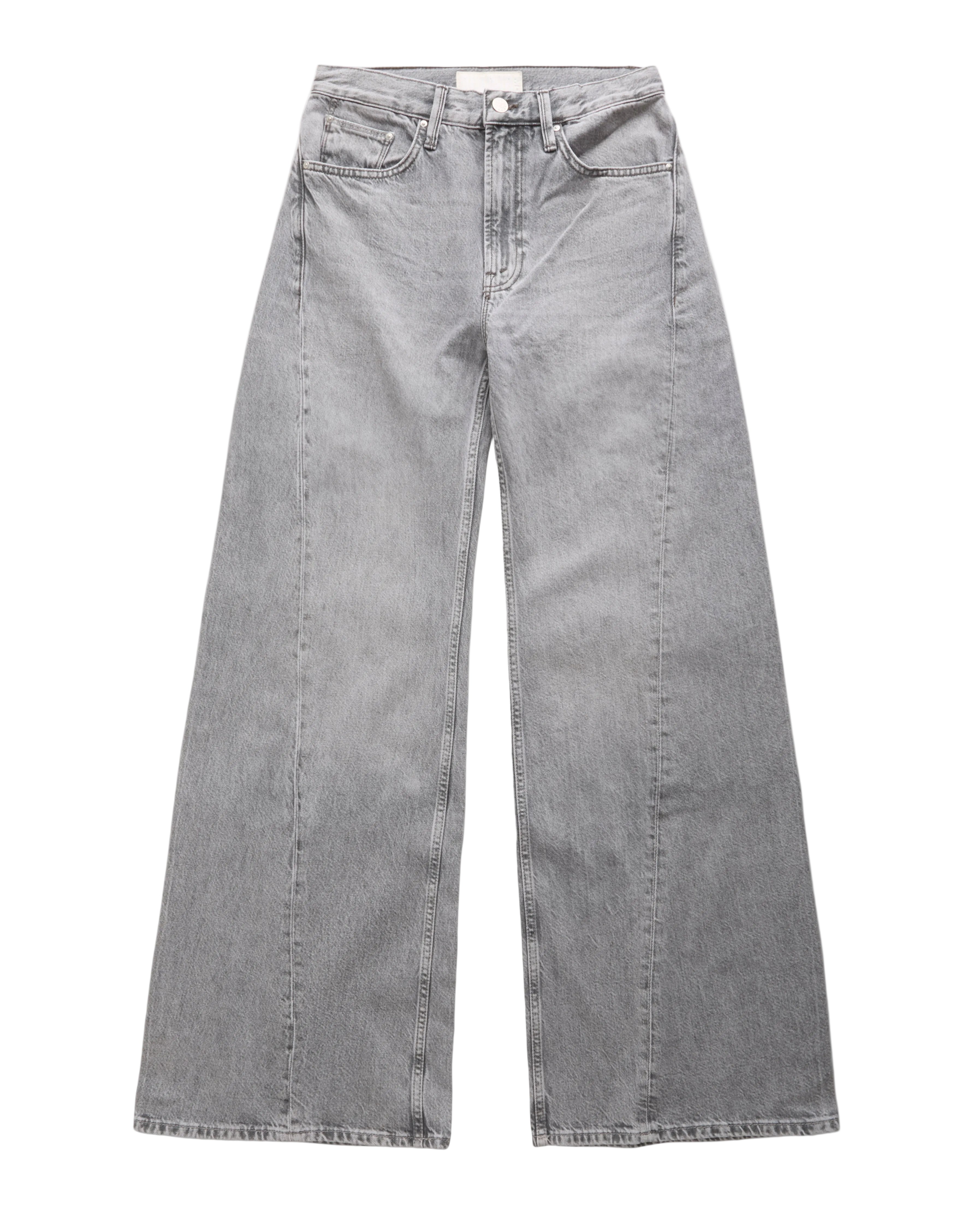 A pair of wide-leg gray denim jeans shown flat against a white background.