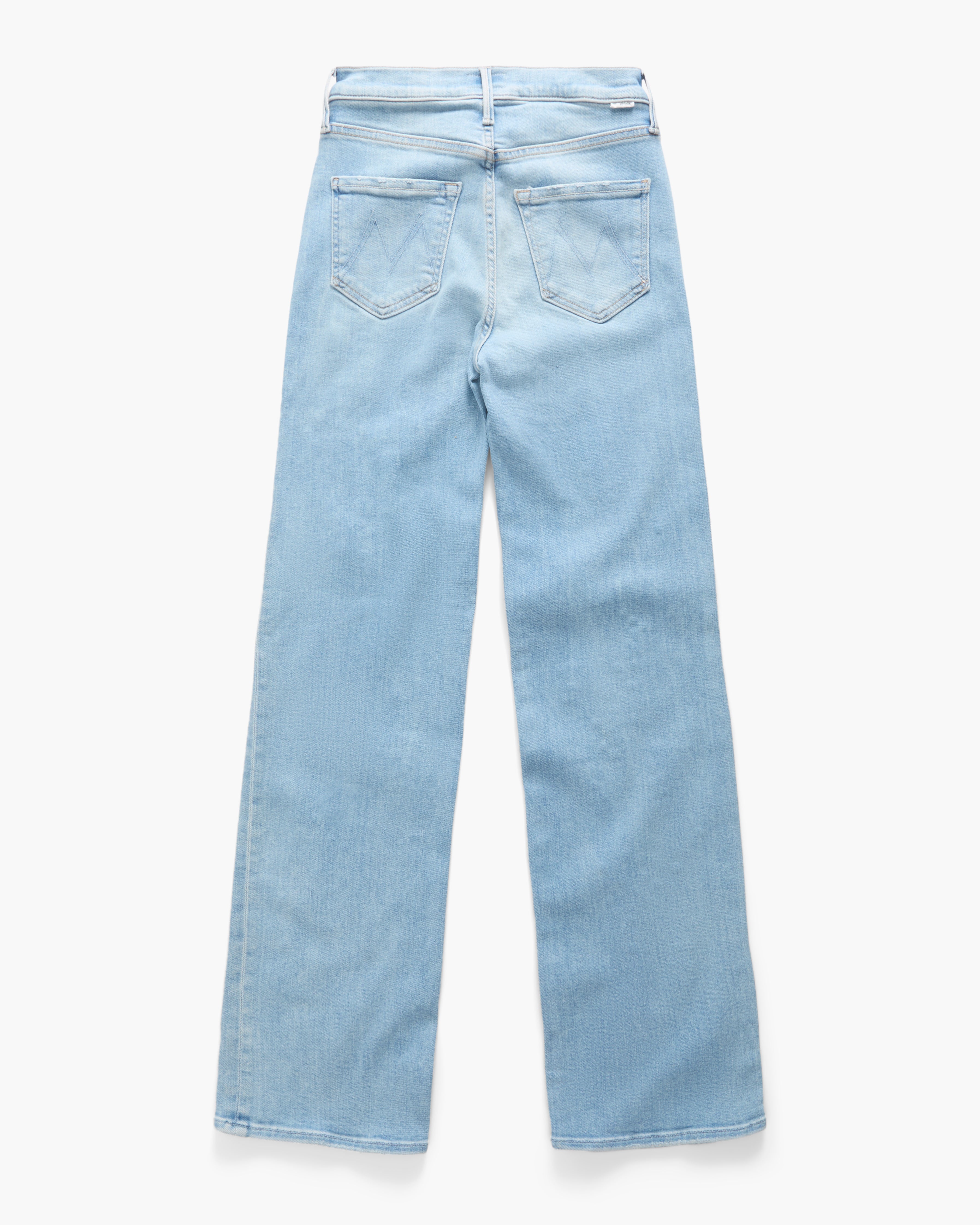 Light blue denim jeans shown from the back, featuring a straight-leg fit and classic pocket stitching, laid flat against a clean white background.
